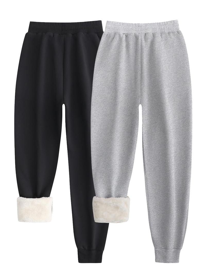 Women's Solid Drawstring Waist Thermal Lined Sweatpants, Casual Pocket Design Jogger Pants for Fall & Winter, Women's for Daily Wear, Casual Sporty Trousers