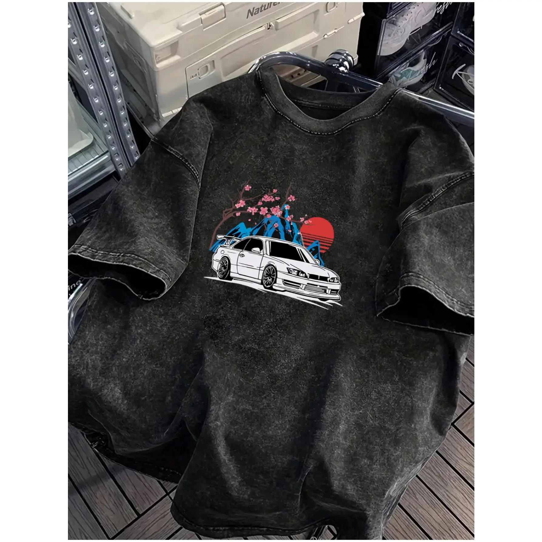 Men's Heavyweight 230gsm 100% Oversized T-Shirt - Vintage Racing Car & Cherry Blossom Print, Drift Racing Design, Short Sleeve Round Neck Casual Summer Tee for Motorsport Enthusiasts, PLUS SIZE