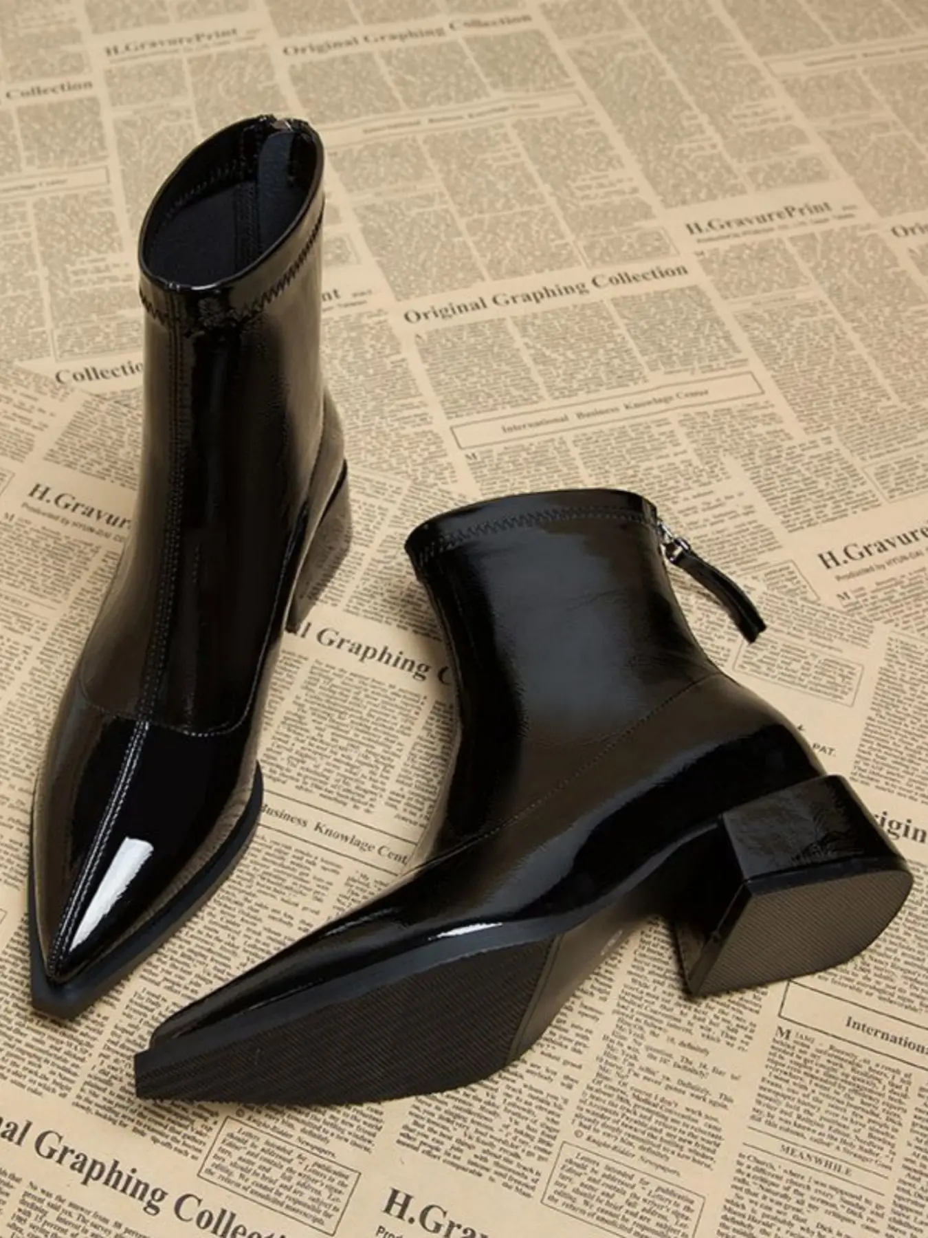 Women Glossy Patent Leather Ankle Boots, Pointed-Toe Back Zipper, Chunky Block Heel, Slim-Fit Short Booties, Winter Office Party Shoes