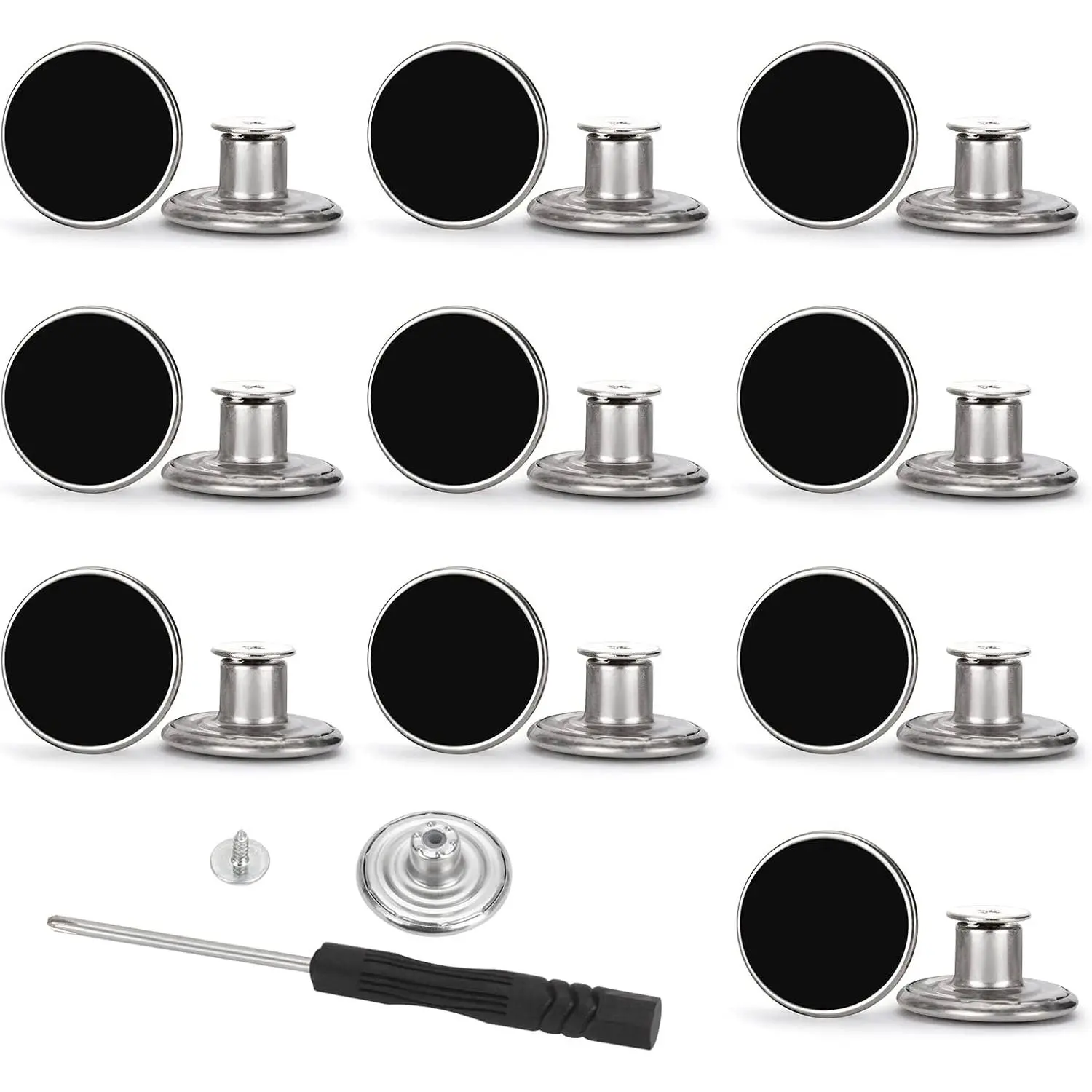 20 Sets of 17mm Button for Sewing Metal Jeans, No-Sew Nailess Removable Metal Jeans Buttons  Repair Combo Thread Rivets and Screwdrivers(Black Colours)