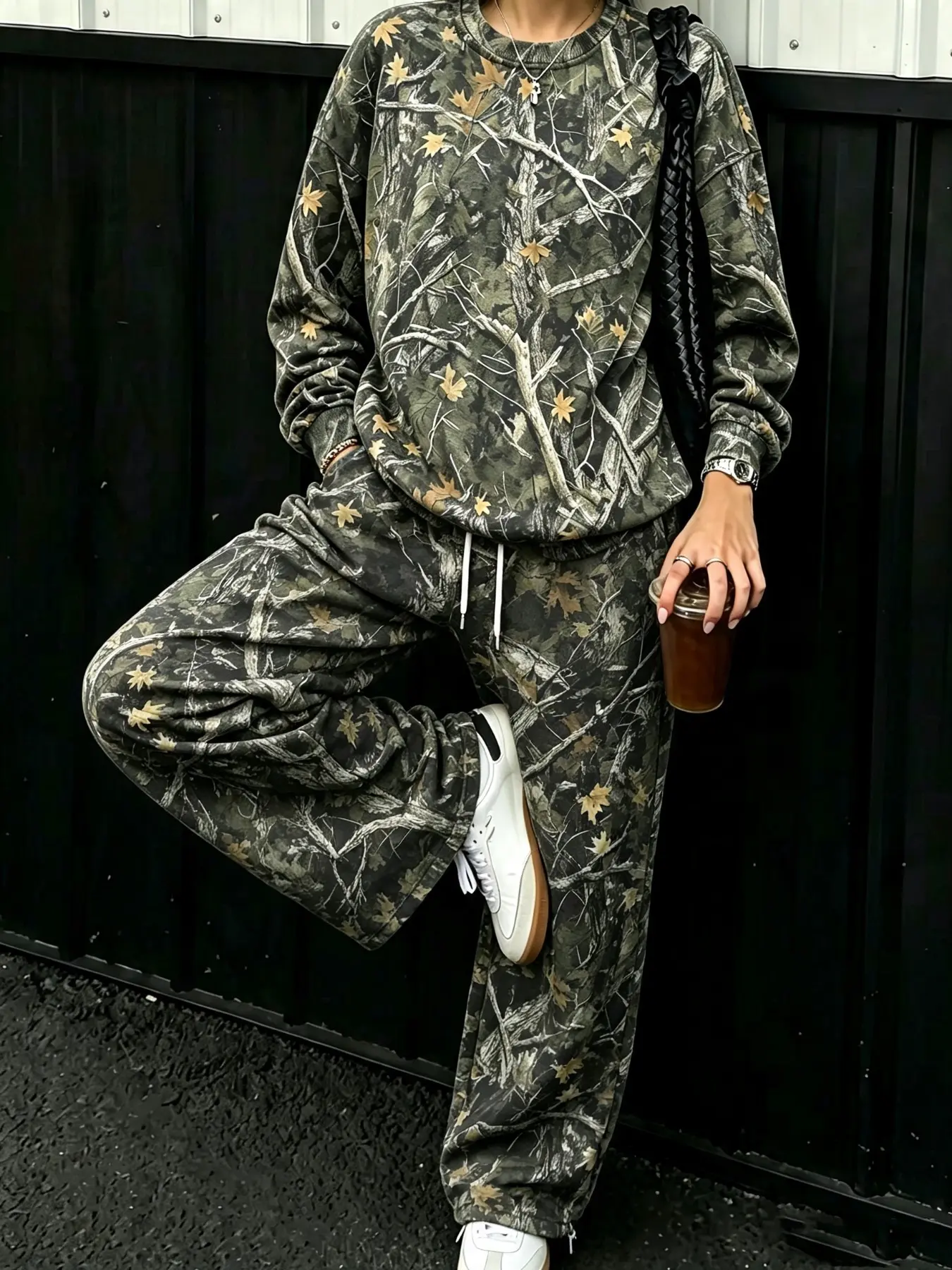 Vintage Tree Camo Camouflage Matching Sweatshirt & Sweatpants Set Women Casual Long Sleeve Crew Neck Pullover Drawstring Wide Leg Pants Streetwear 2 Piece Outfit