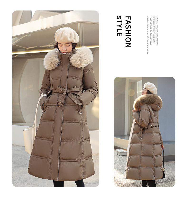 New winter women's thickened long over-the-knee hooded cotton-padded coat with large fur collar.