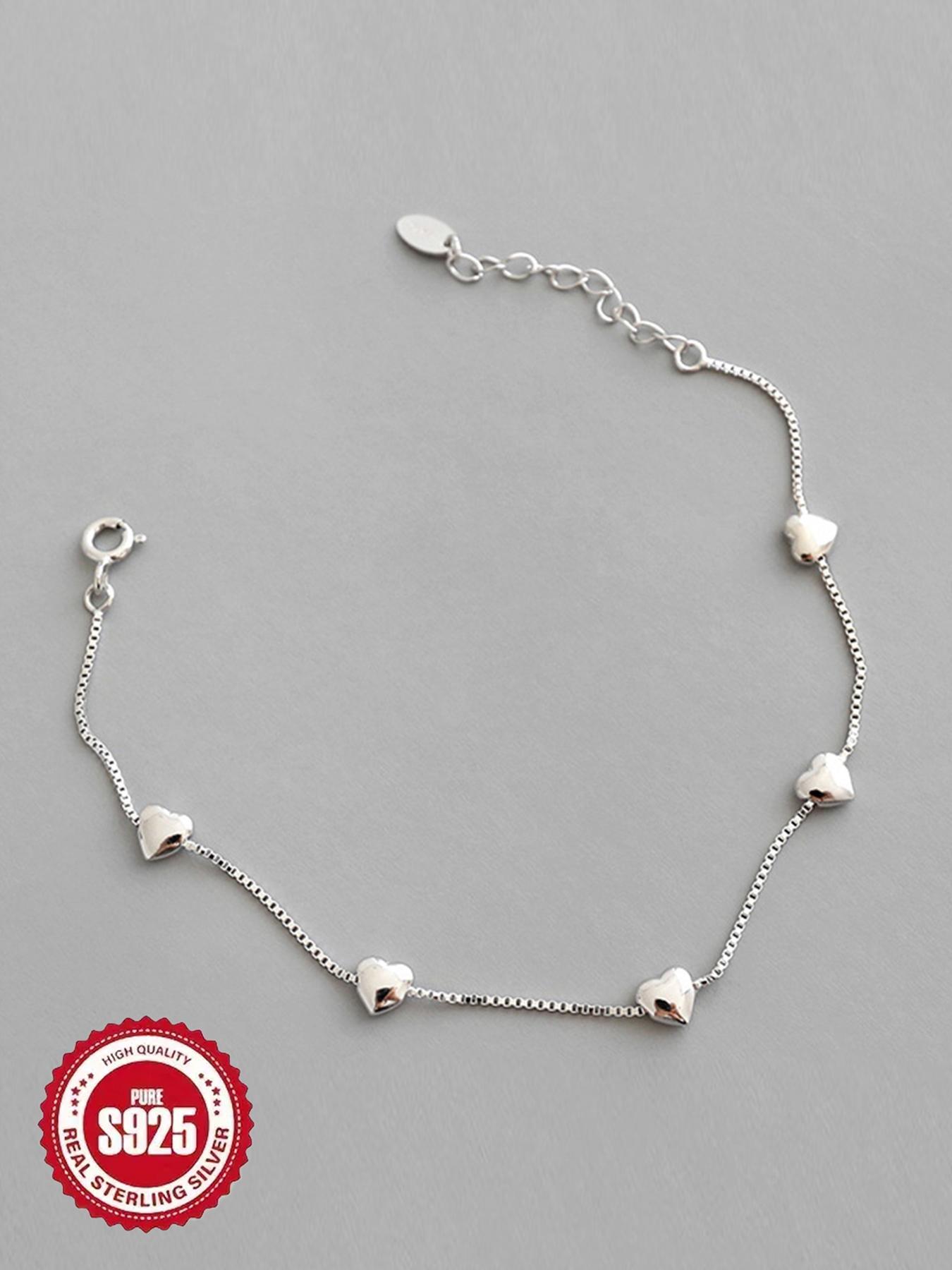 S925 Sterling Silver Simple Heart Design Bracelet, Fashionable Jewelry for Women & Girls, Trendy All-match & Exquisite Jewelry for Birthday Gift, Heart Shaped Bracelet
