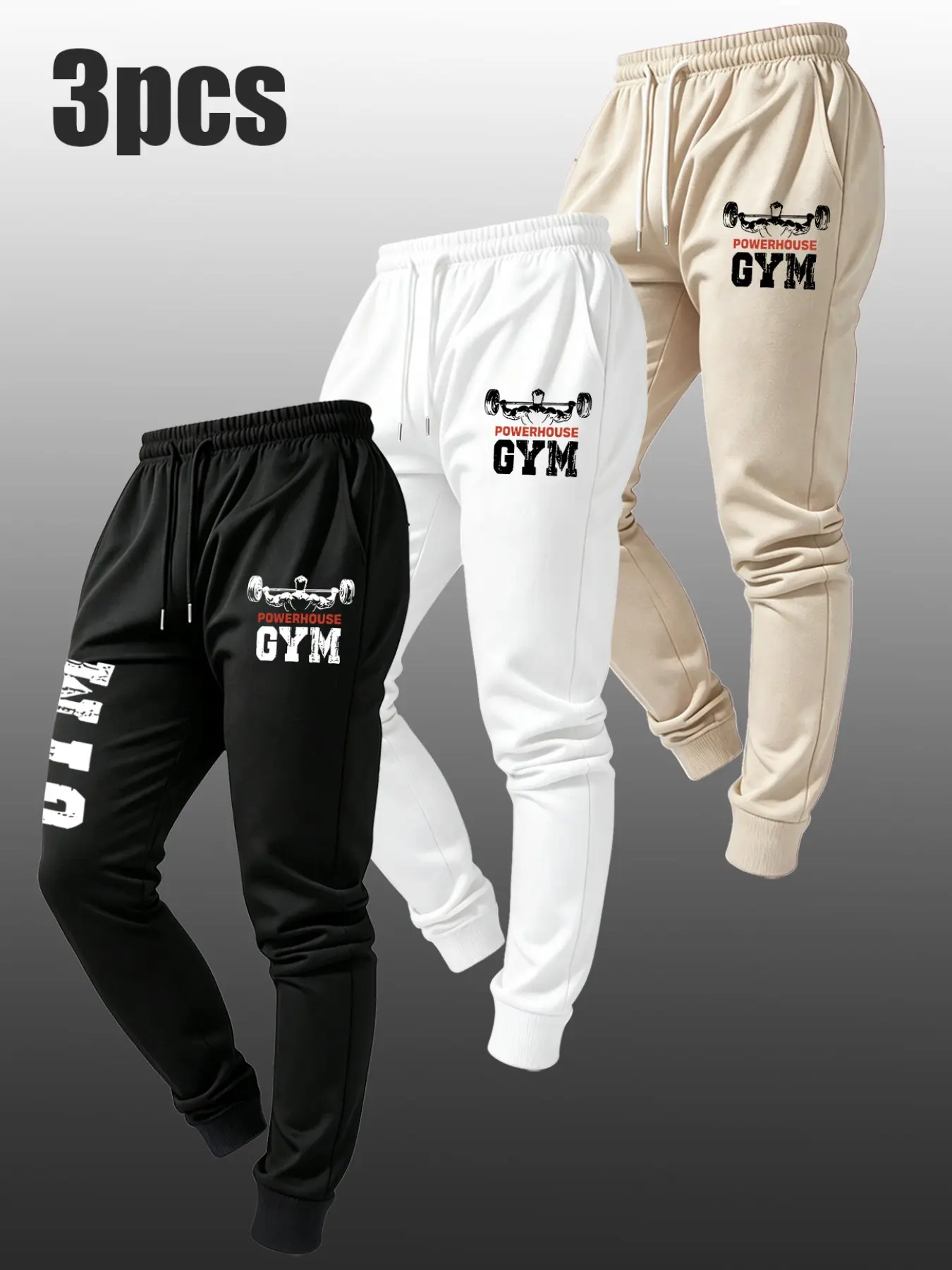 Men's Autumn Winter Gym Letter Print 3-Piece Set Drawstring Sports Jogging Pants, Outdoor Athletic Wear for Men, Comfortable and Stylish