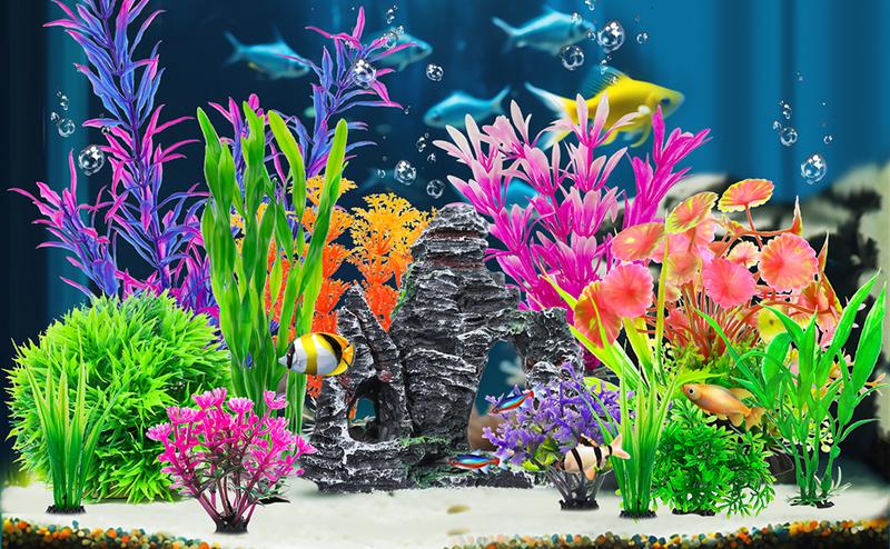 13 Aquarium Plants Cave Rock Decor Set& Fish Tank Artificial PlasticPlants,Fish Tank Accessories Small Large Aquarium Decorations Kit