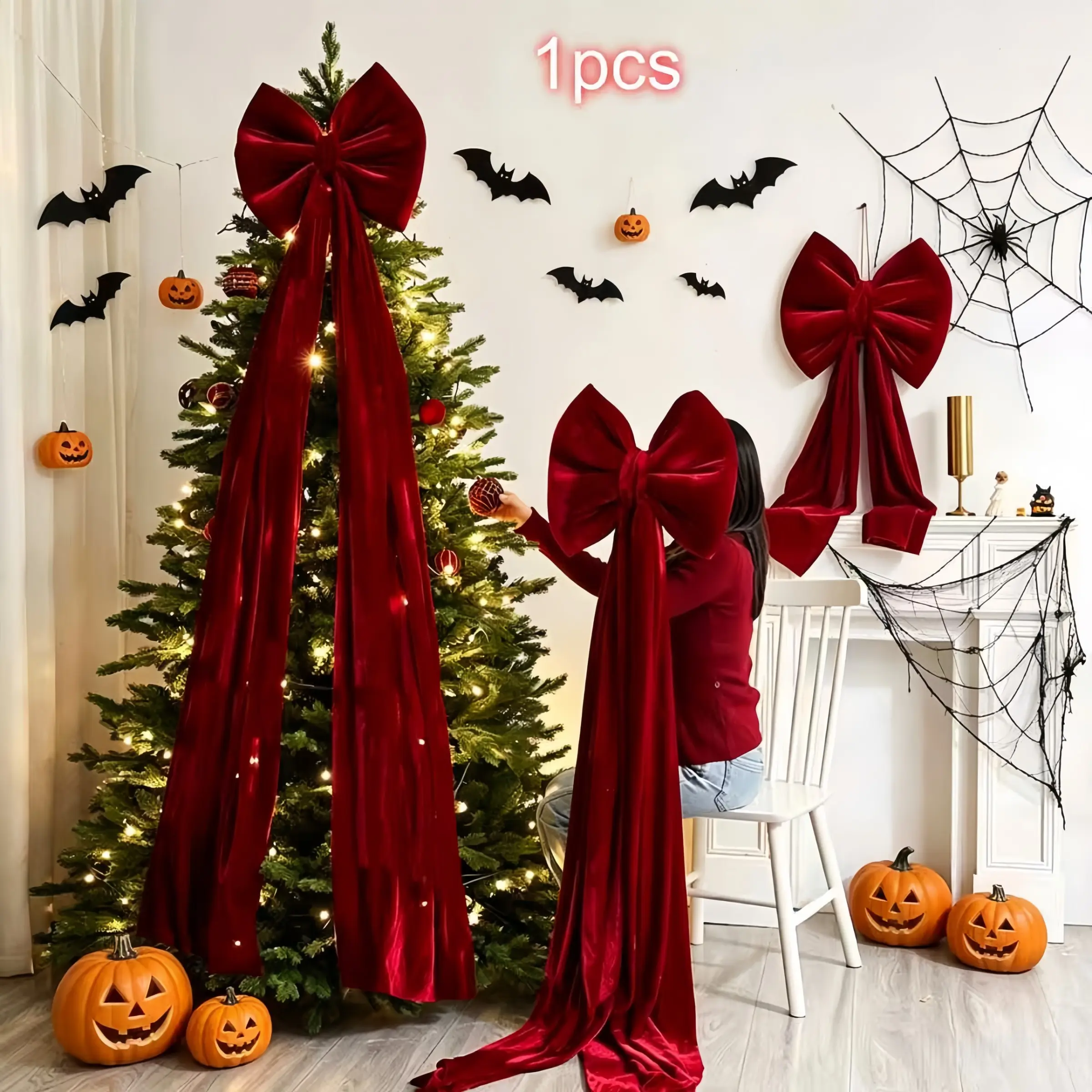 Velvet Bow Scene Decoration, Halloween Christmas Home Decor, Large Velvet Tree Topper, Party Wedding Fireplace Porch Decor