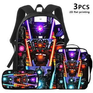 This 3-piece set, including a backpack, lunch bag, and pencil case, features a cool sci-fi mecha-themed flat print with vibrant colors and interplay of light and shadow. It's the perfect choice for tech enthusiasts and trendsetters for daily commutes, tra
