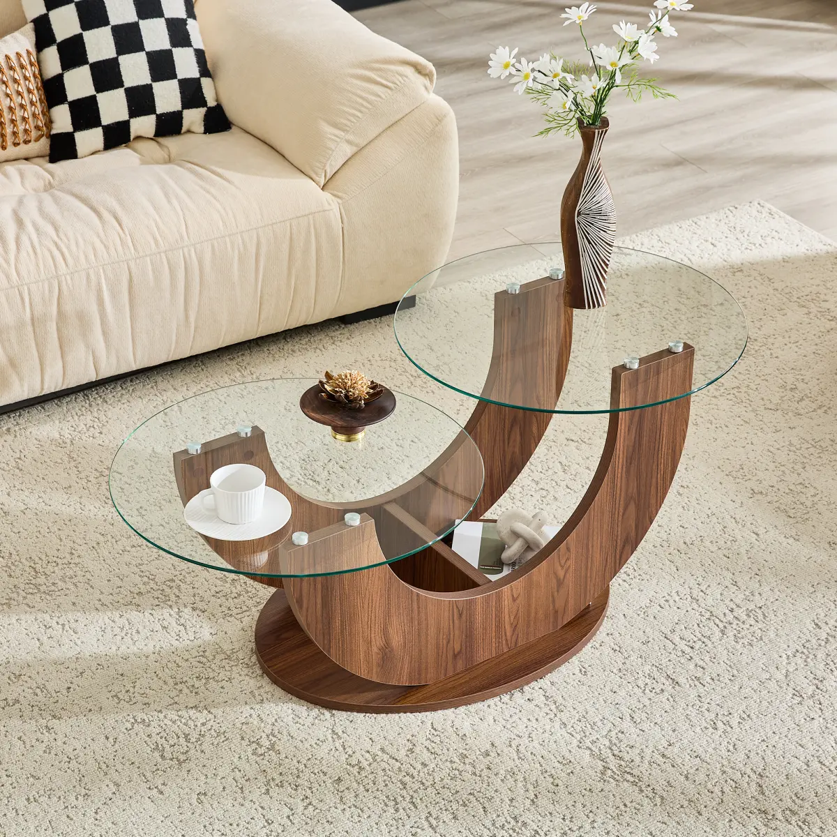 [Bellemave] U-Shaped Double-Tier Glass Coffee Table with Wood Base, Modern Minimalist Living Room Side Table with Adjustable Height, Easy To Clean