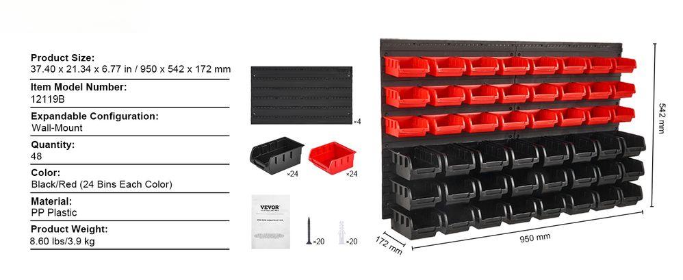 Wall Mounted Storage Bins, 48-Bin Parts Rack Organizer Garage Plastic Shop Tool with Wall Panels, Tool Organizer for Nuts, Bolts, Screws, Nails, Beads, Buttons, Other Small Parts, Black and Red