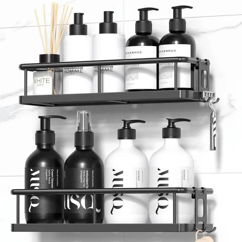 Shower Caddy Adhesive, Rustproof Shower Organizer, Large Capacity Shower Shelves for Inside Shower, No Drilling Bathroom Organizers and Storage for Home Decor (2 Pack Black)