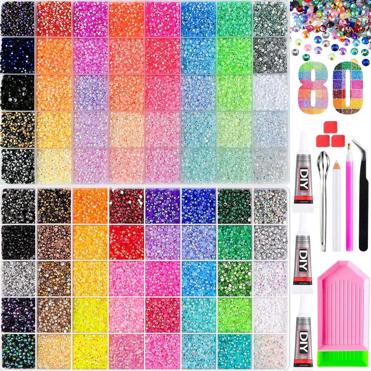 1Set-80 Grids Hot Selling AB Rainbow Color Jelly Rhinestones Nail Charms 3mm Multi-colors Mini Flat-Back Resin Nail Bedazzling Rhinestones Kit DIY Nails Headphones Dress Party Decorations