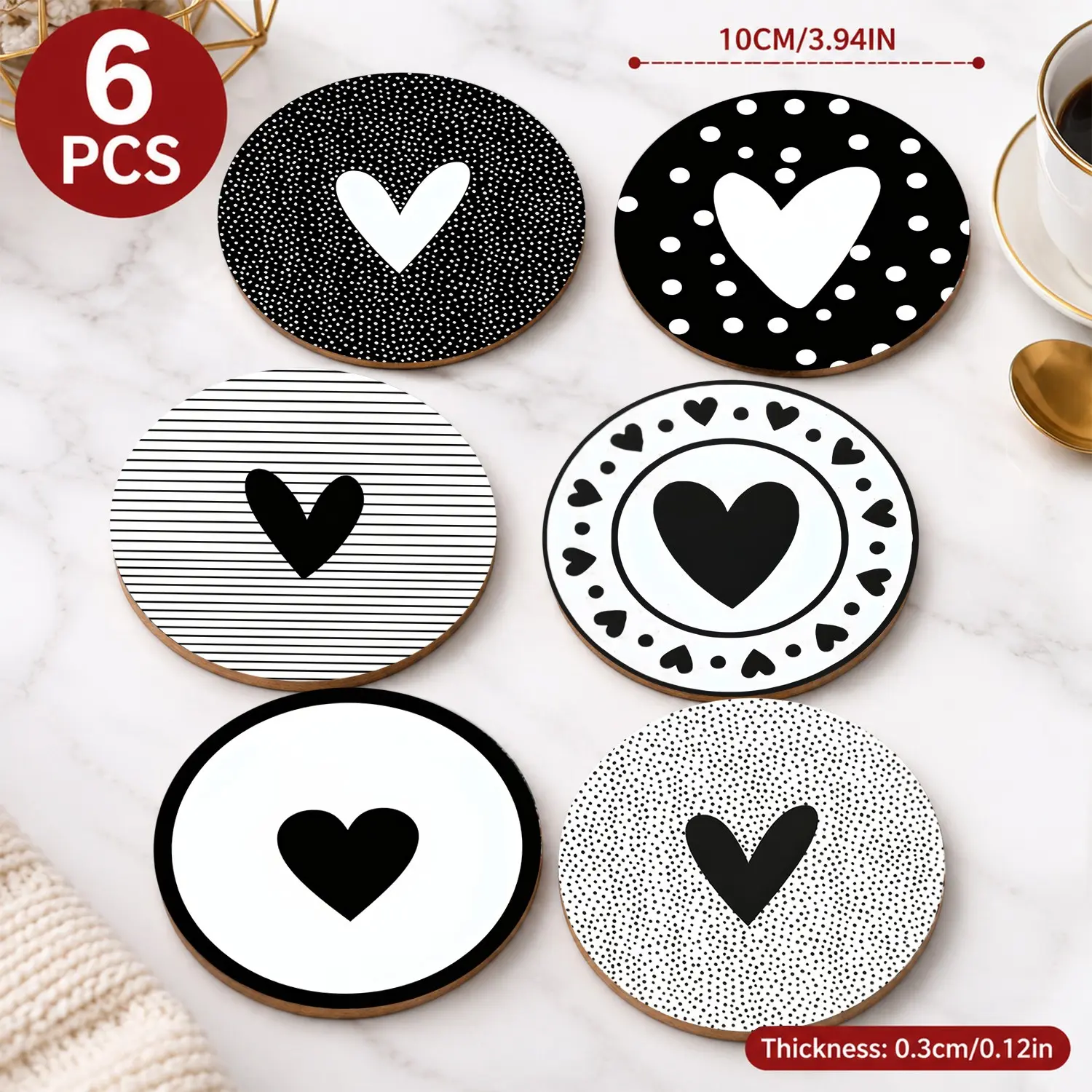 6PCS Black & White Heart Wooden Coasters | Minimalist Scandinavian Design | Modern Geometric Pattern | Coffee Bar & Table Decor | Eco Wood Heat Resistant | Stylish Home Gift 🖤