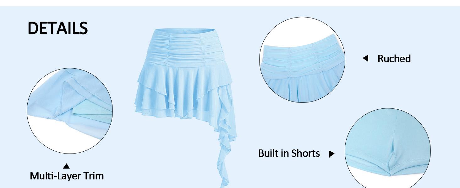 Yousify Women's Y2K Mini Skirts Mesh Flowy Ruffled Skirt Layered Low Rise Pleated Asymmetrical Short Skirts for Summer