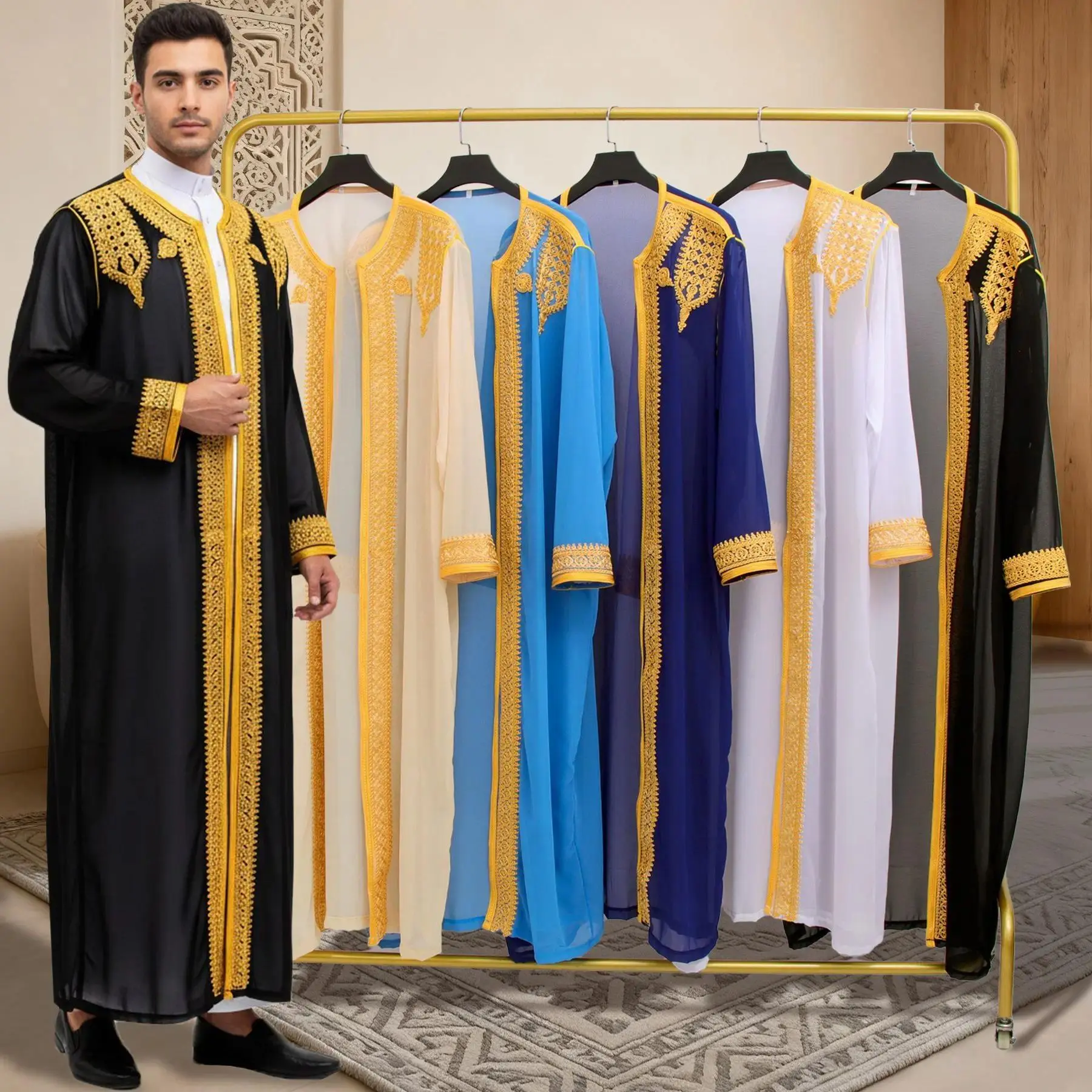 Men's Luxury Gold-Embroidered Arab Traditional Long Robe Thobe - Italian Plain Scoop Neck Formal Dress, Middle East Ethnic Style Polyester Fiber Clothing Set