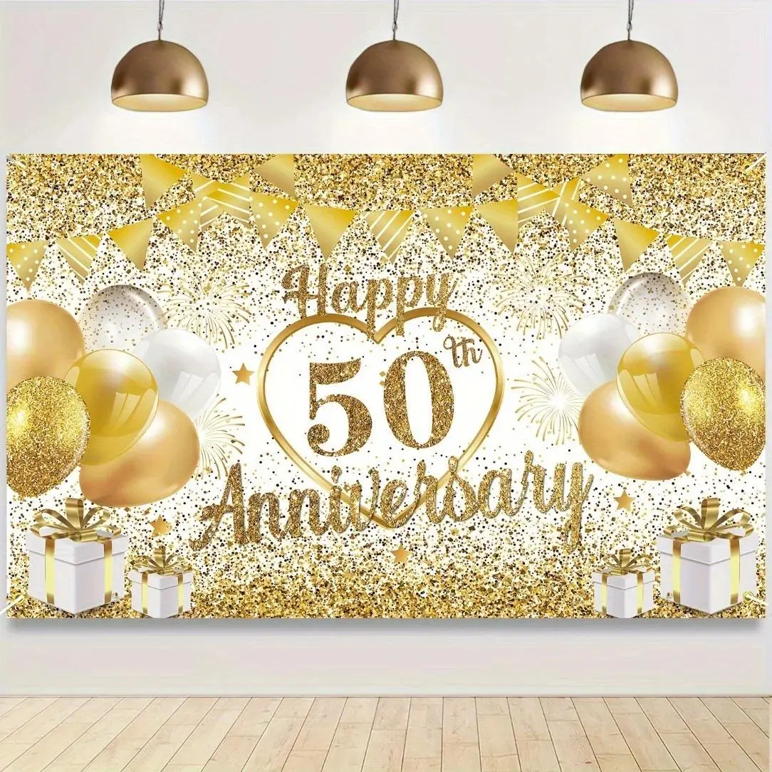 50th Anniversary Polyester Backdrop Banner - Tapestry Photography Background, Formal Photo Booth Wall Decor for Family, Wedding, Independence Day Room Gift (Home Decor Supplies)