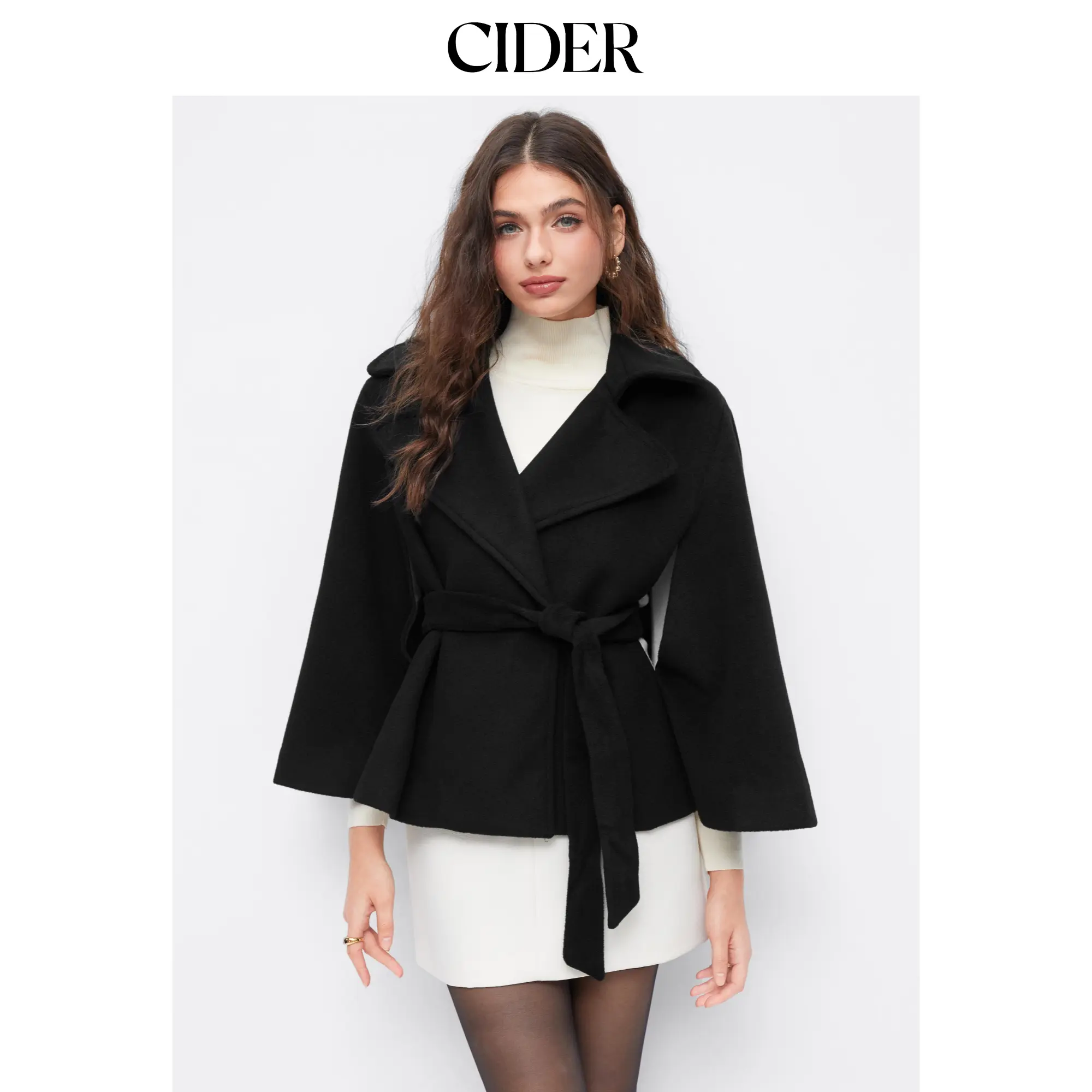 Cider Wool-look Collar Button Cloak Sleeve Coat With Belt [LIVE ONLY] SummerFinds