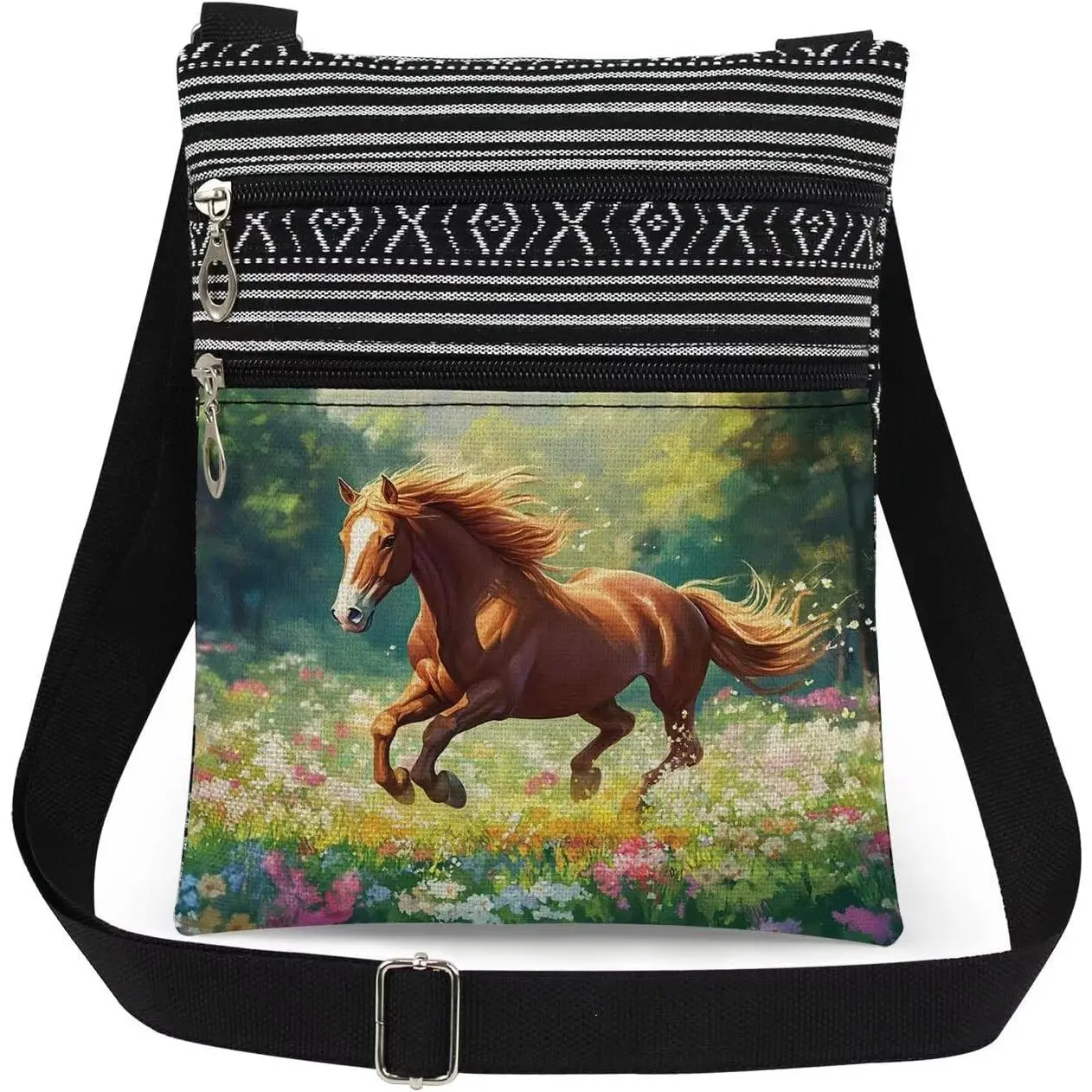 Galloping Horse Floral Print Crossbody Bag Adjustable Unisex  Bag with Zipper Travel Purse Horse Lovers  for Outdoor Adventures Nature Lovers Birthday