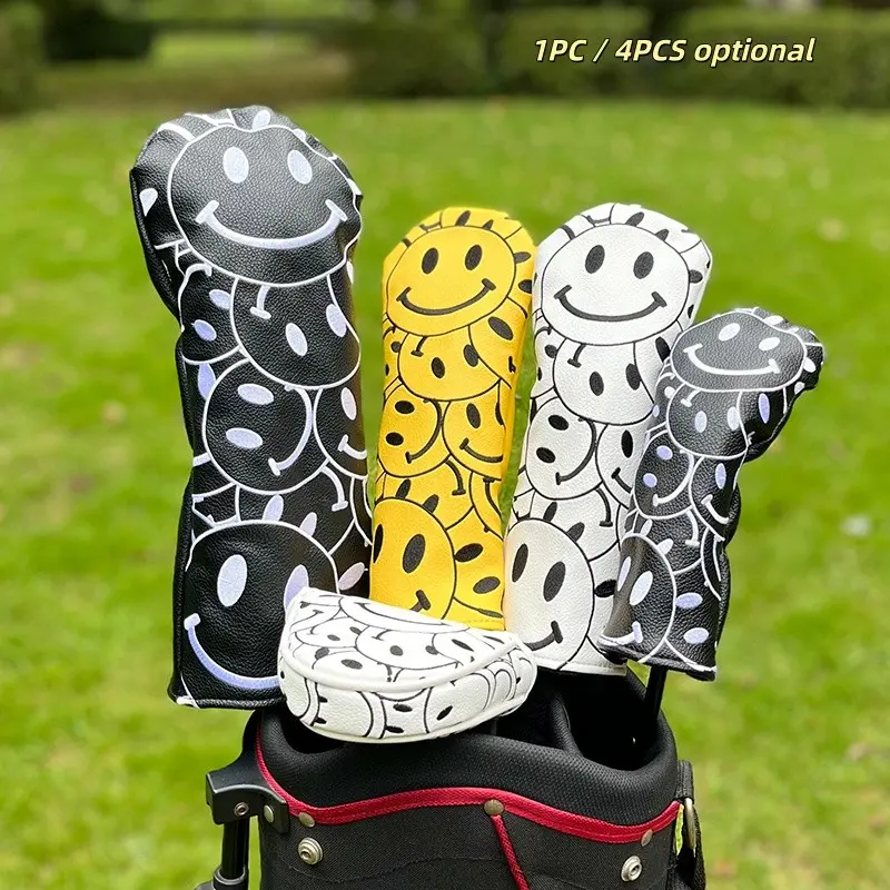 Cute Face Design Golf Club Covers, Durable Protective Headcovers, Soft Fabric Cover, Golf Bag Accessories, Playful Golf Accessory, Golf Gear