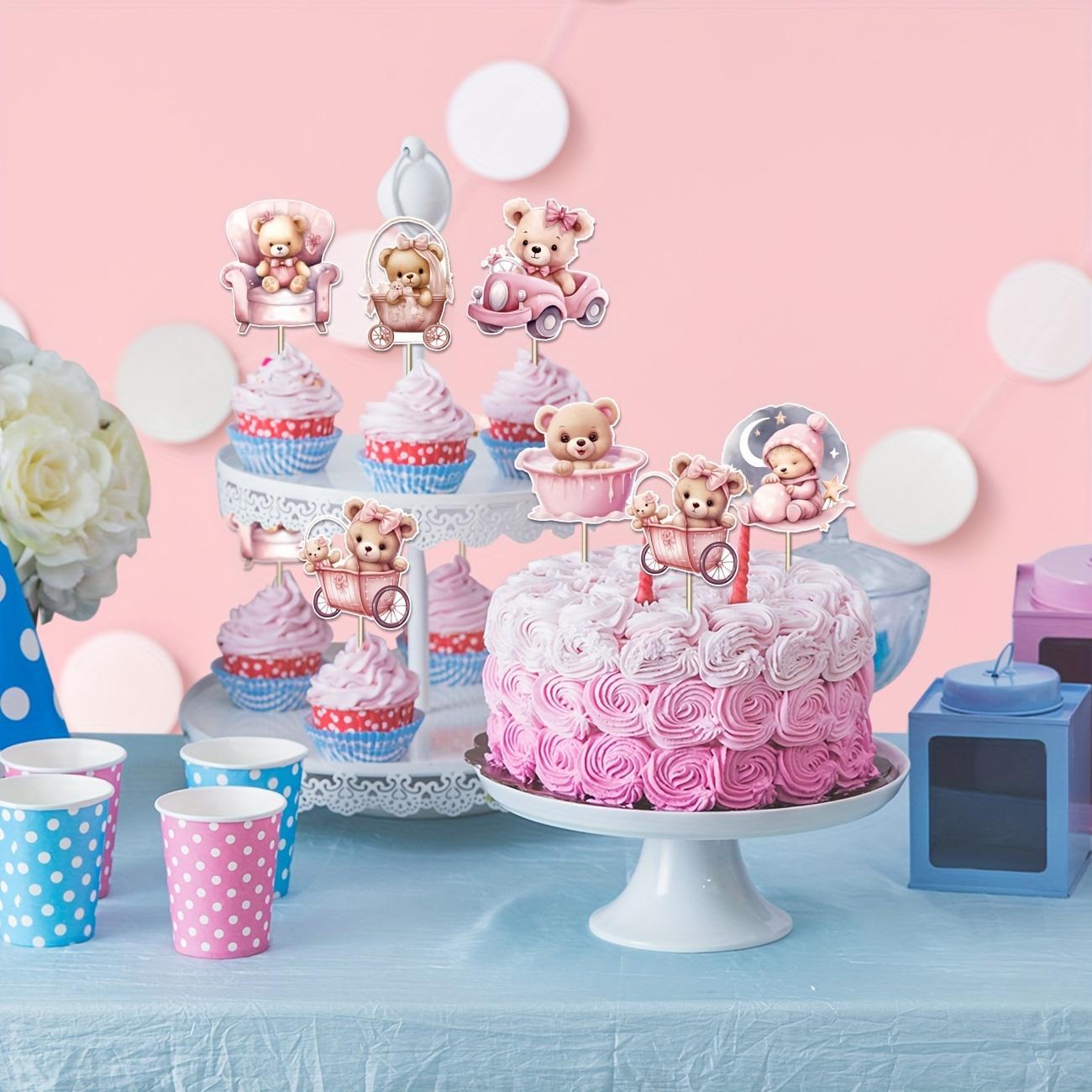 Bear & Carriage Design Cupcake Topper, 12pcs/set Cute Cartoon Bear Cupcake Picks, Gender Reveal Baby Shower Cake Decoration