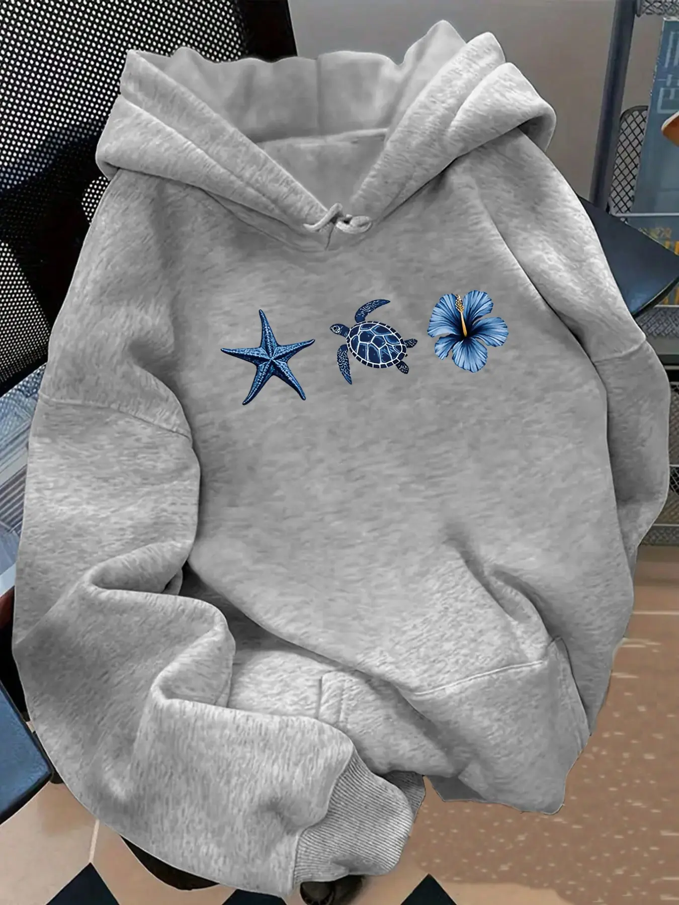 Women's Starfish Turtle Flower Print Hoodie, Long Sleeve Casual Sweatshirt, Adjustable Drawstring, Kangaroo Pocket, Fall Winter