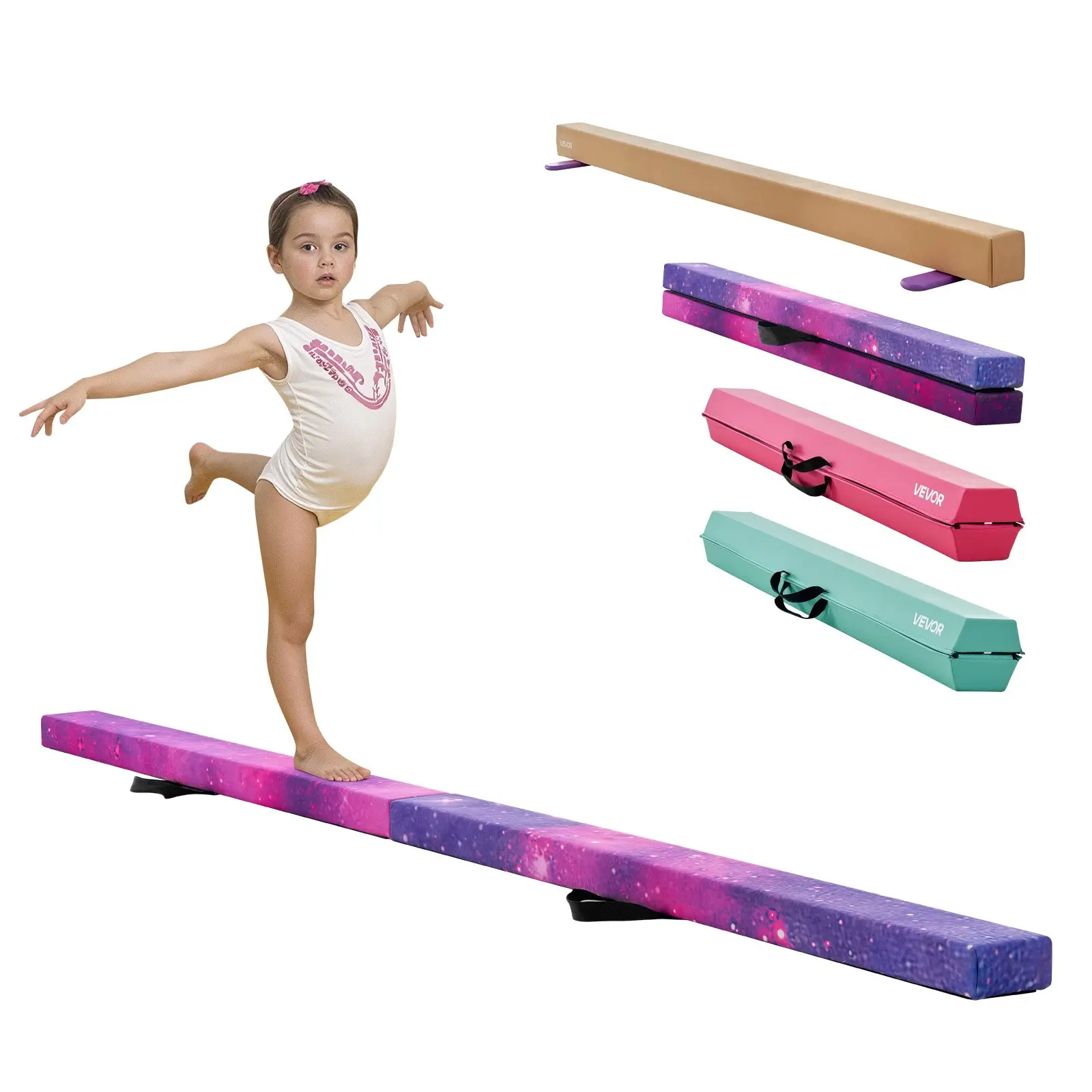 VEVOR 8FT Folding Balance Beam for Kids, 300LBS Stable Support Gymnastics Floor Beam with Non-Slip Mat, Wood-Core Gymnastics Training Equipment with Anti-Slip Bottom & Carry Bag for Home Gym, Galaxy
