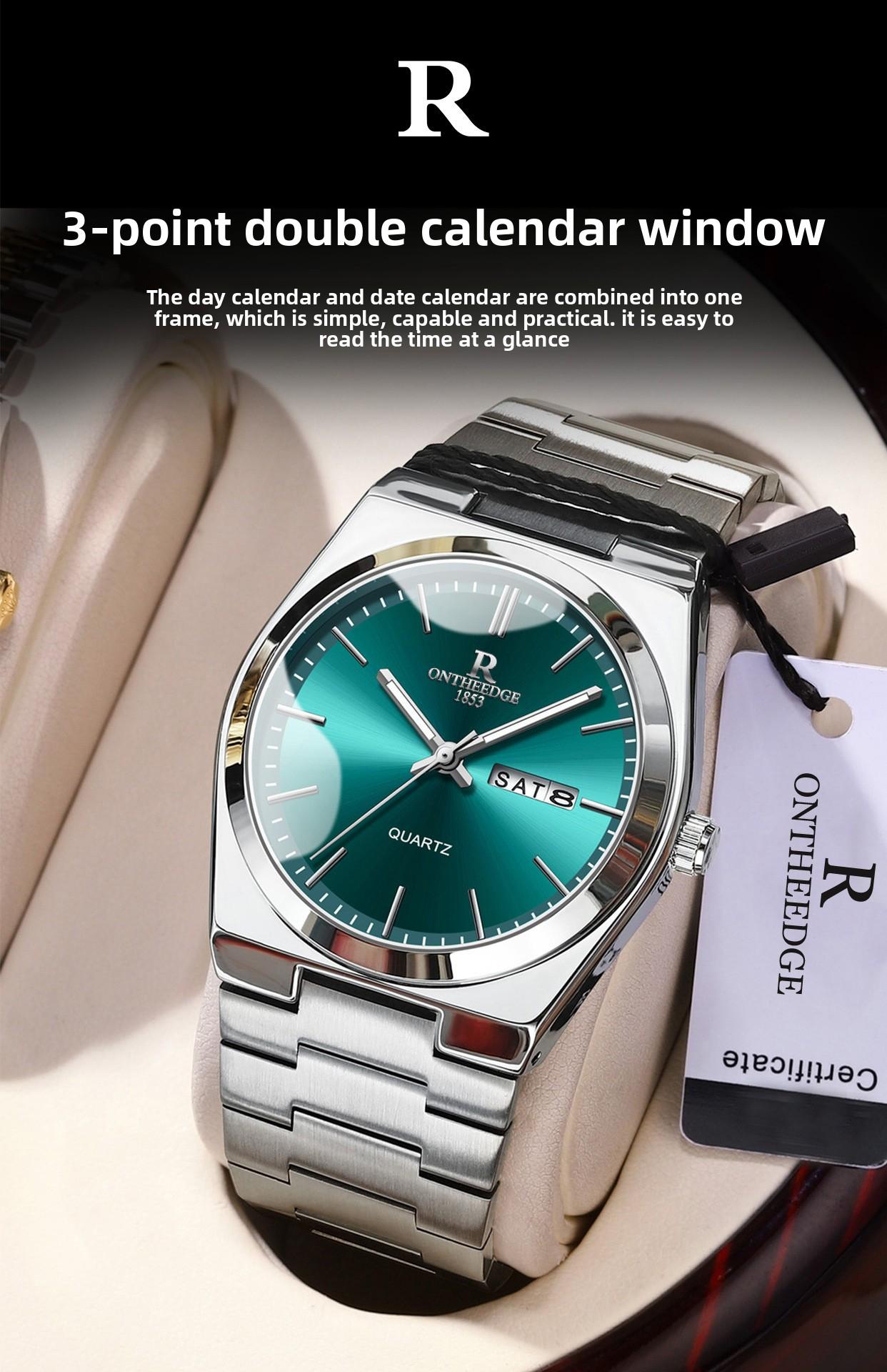Men's Luxury Teal Green Dial Quartz Watch - Stainless Steel Wristwatch with Date Day Display, Waterproof, Luminous Hands, Classic Business Casual Dress Watch for Men, Perfect Gift for Husband Dad