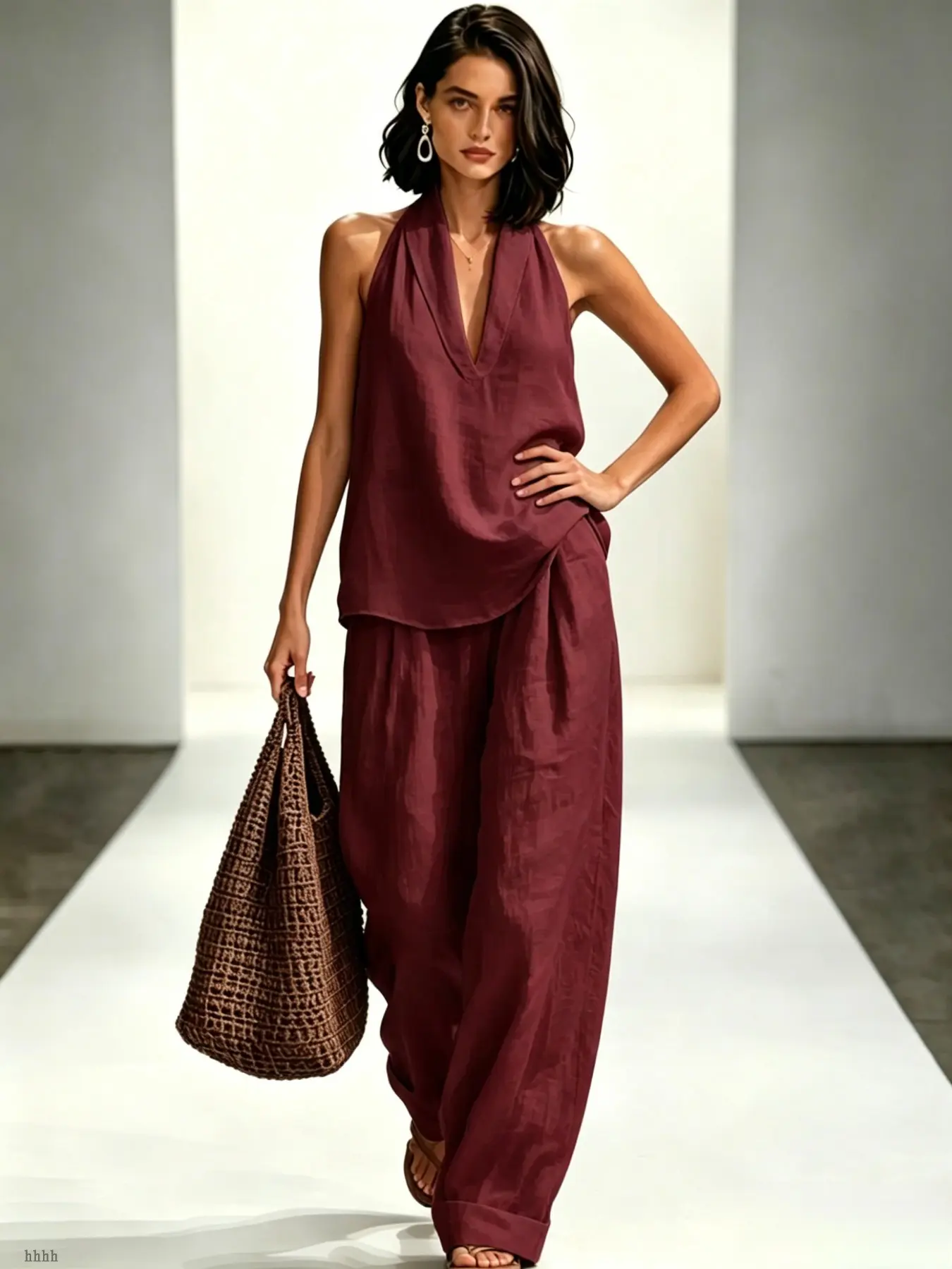 Trendy Loose Fit Pajama Set, Summer Breathable Halter Top and Wide Leg Pants, Perfect for Home Beach Commute, Stylish Outerwear Option