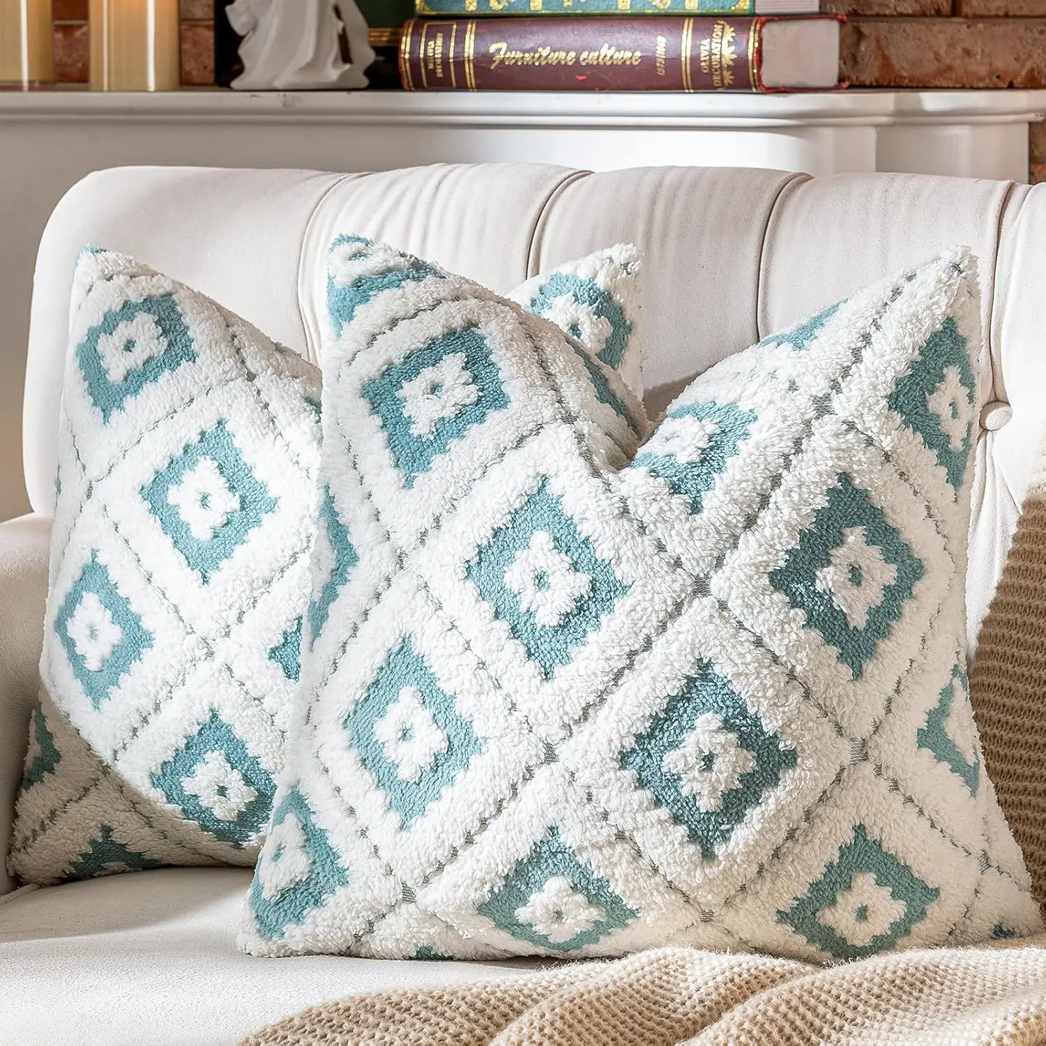Decorative Throw Pillow Covers (Pack of 2), 18x18 in Synthetic Plush Modern Rhomboid Luxury Super Soft Cases for Home Living Room Couch Bedroom Room Decor, Porcelain Blue