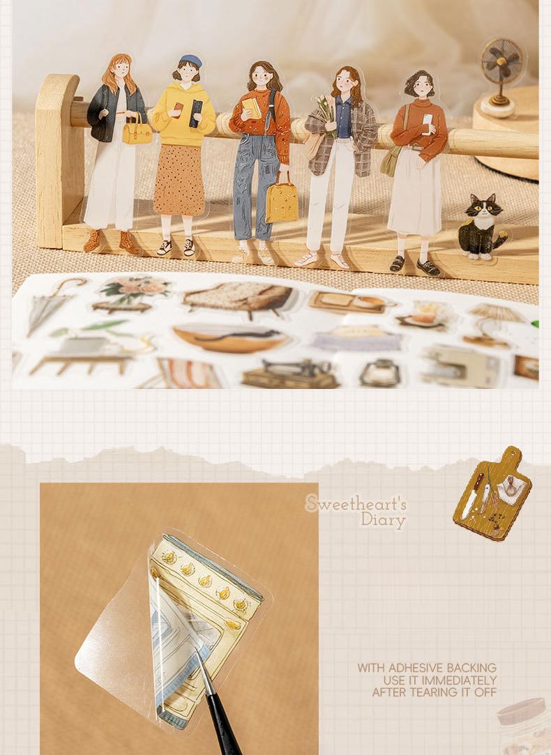 100 piece minimalist large sticker pack featuring characters, flowers, scene product patterns, minimalist style, PET waterproof material, self adhesive, DIY journal decoration, scrapbook notebook materials