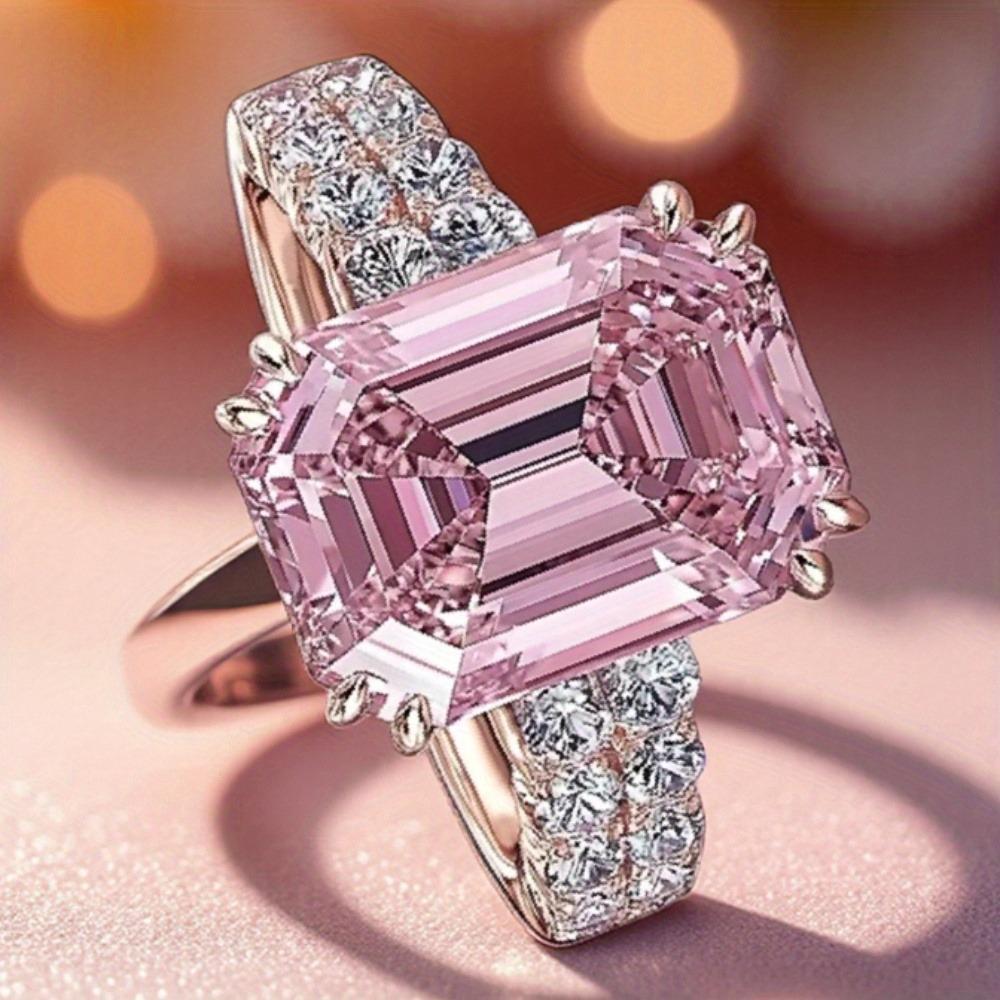 Shiny Pink Square Ring – Sparkling Cubic Zirconia, Silvery Plated, Ideal for Bridal Engagements, Anniversaries, Daily Wear – Cute Stylish Jewelry for Girls, Student Gifts