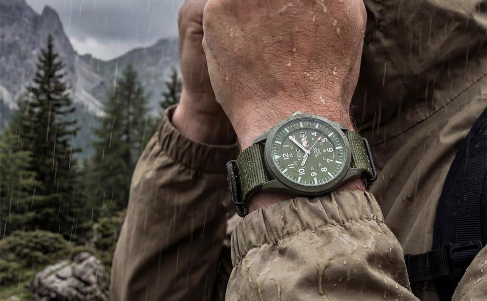 AGS Infantry Mens Military Watch, Vietnam Style Field Watches for Men, Tactical 12/24H Military Time Analog Watch, Waterproof Day Date Quartz Wristwatch w/Green Nylon Band, Work Watch for Man