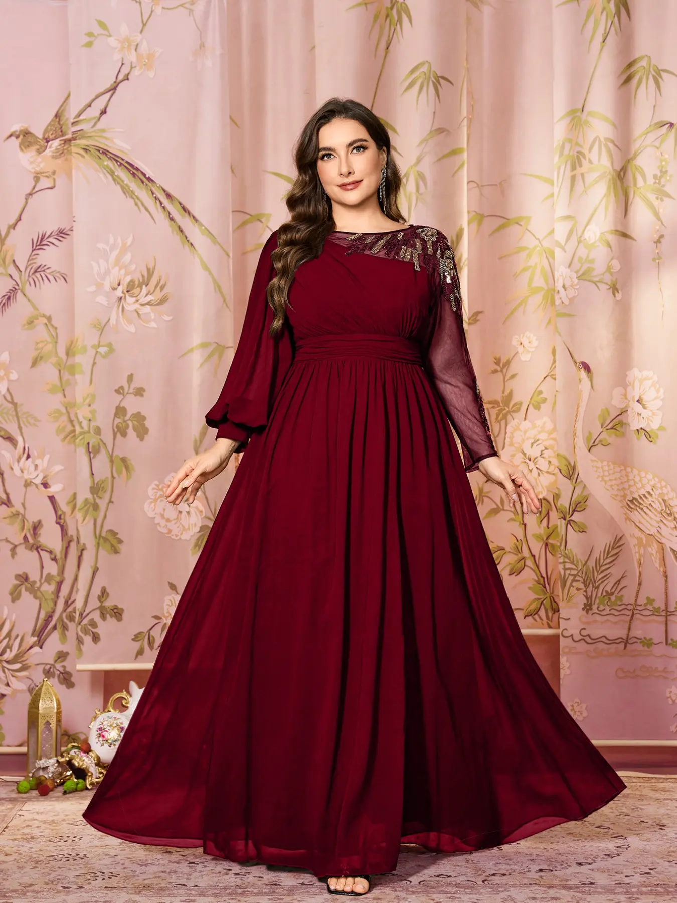 Plus Size Round Neck Asymmetrical Long Sleeve Chiffon Dress, Sequin Embroidery, High Split Formal Evening Gown, Slimming Elegant Style