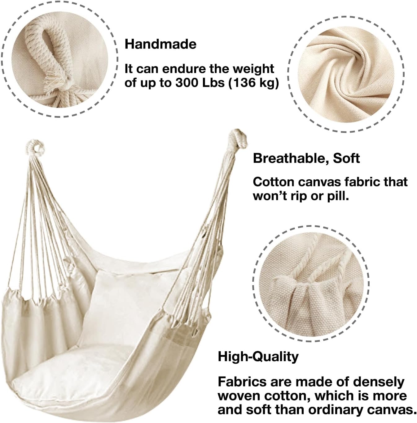 Hammock Chair Hanging Rope Swing, Max 300 Lbs, Quality Cotton Weave, Suitable for Indoor & Outdoor Use, Perfect for Home, Bedroom & Yard - Minimal Hammock Chair Hanging Rope Swing, Max 300 Lbs, Quality Cotton Weave, Suitable for Indoor & Outdoor Use, Perfect for Home, Bedroom & Yard - Minimal