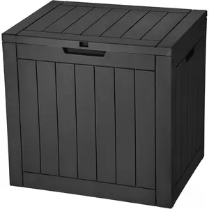 30-gallon deck box outdoor storage box, waterproof resin packaging, black storage box with lockable lid for patio furniture cushions, pool accessories, and gardening tools