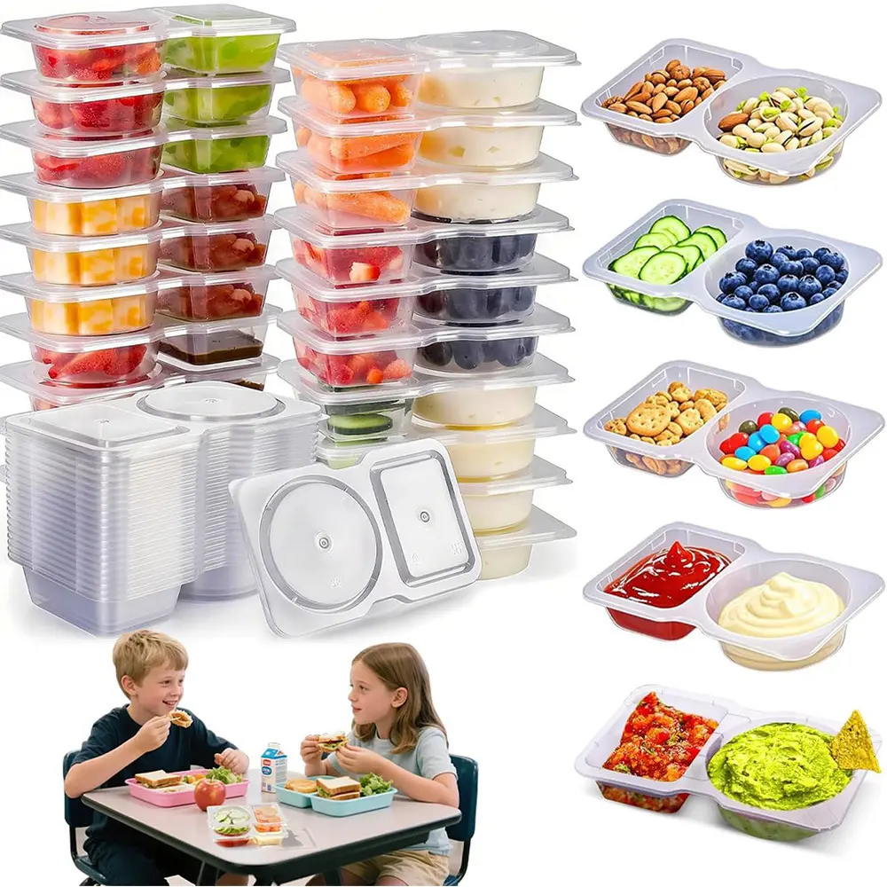 40 sets Reusable Snack Containers 2 CompartmentCondiment Container With Lids Snackle Box Container Portion Control for Refrigeration Sauce,OutdoorTakeaway, Travel-YY2