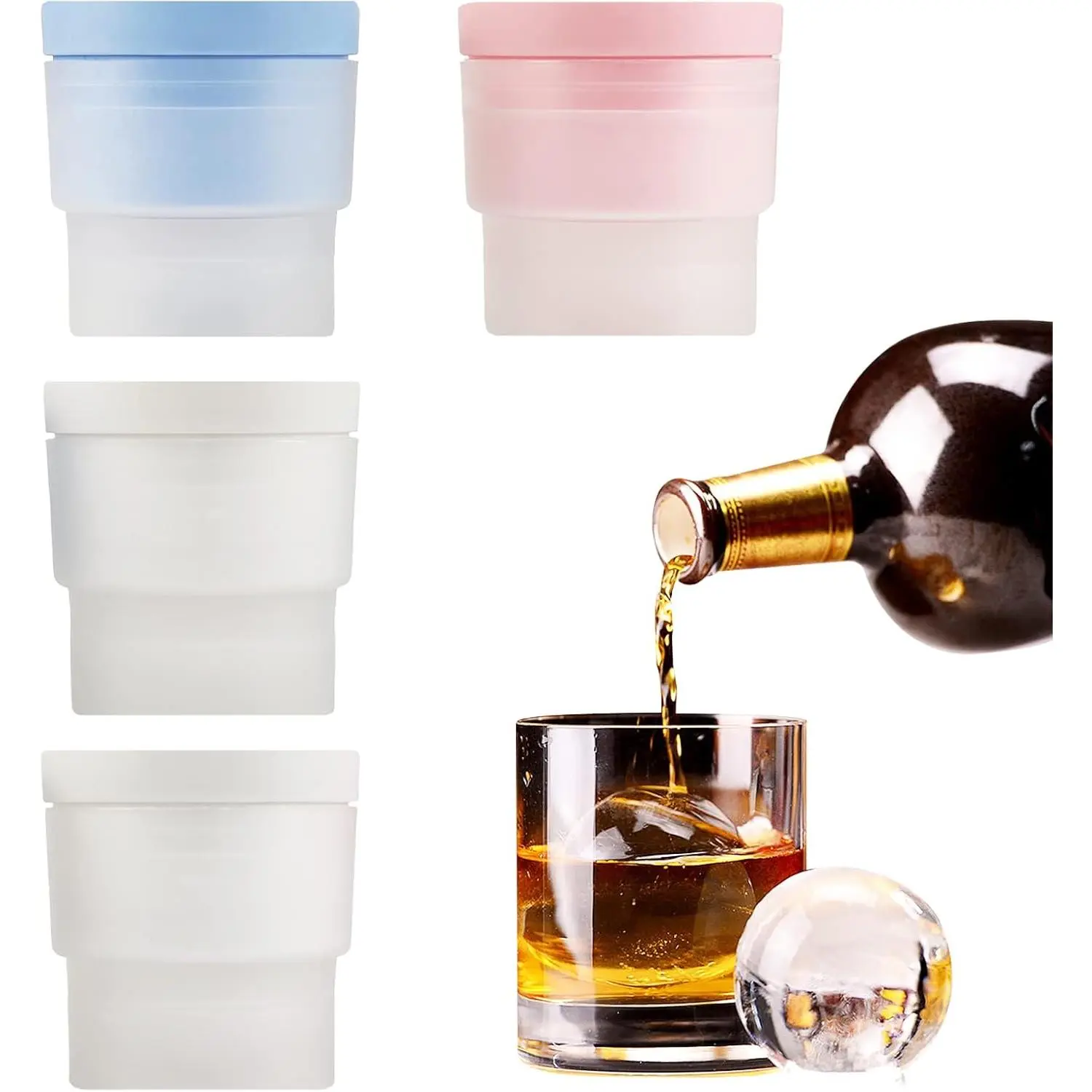 Ice Ball Maker, Set of 6 2.5 Inch Ice Spheres Mold,Round Ball ice Cube Mold for Whiskey Cocktails Juice Beverages Bourbon,Old Fashioned Clear Ice Cube Mold Silicone Freezer Press(White,Blue&Pink)