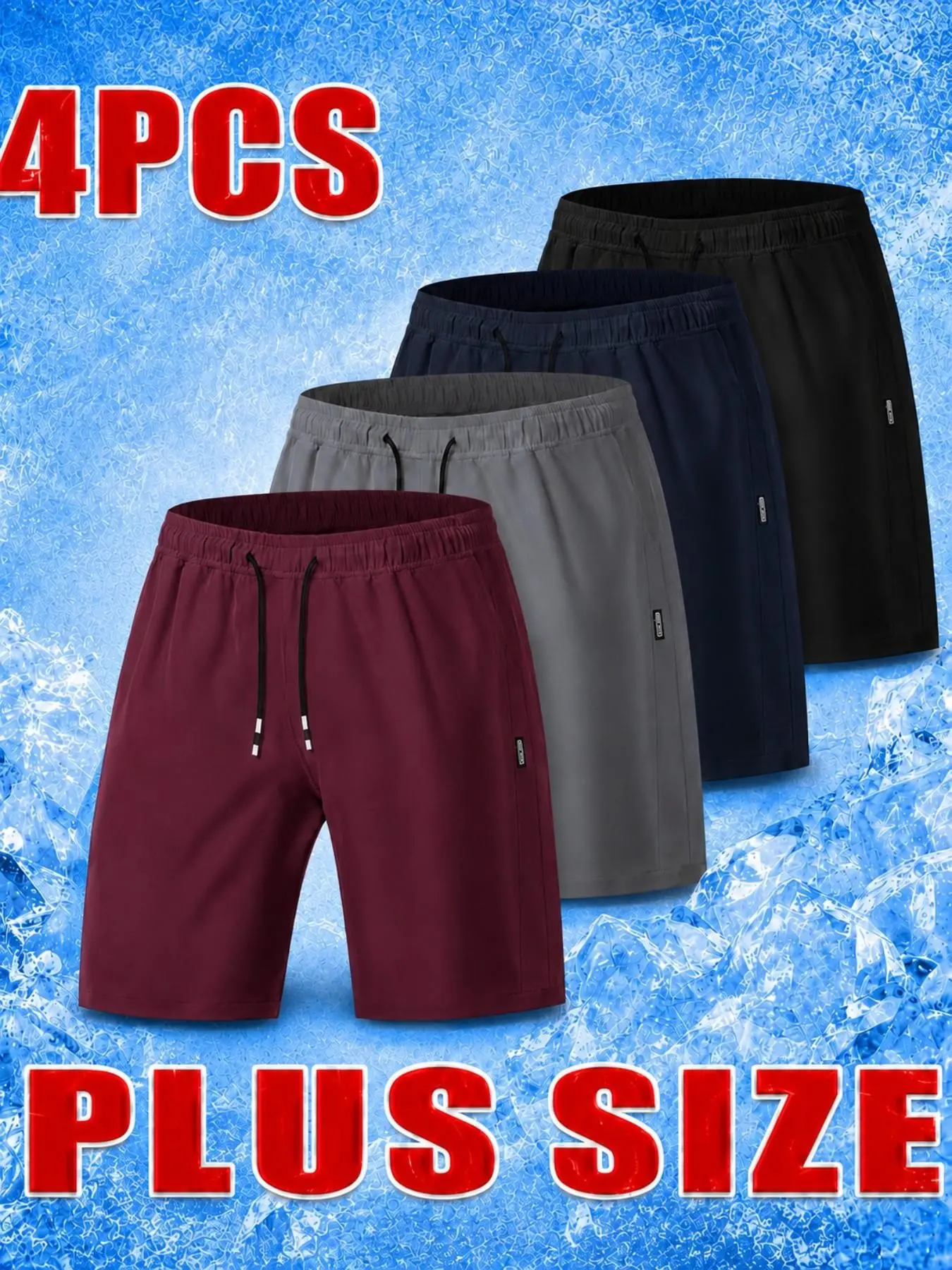 4-Pack Plus Size Men's Sport Shorts, Outdoor Sports Shorts, Quick-Dry Lightweight, Pocketed, Sizes 1xl-5xl, Elastic Drawstring, Ice-Feel Fabric, Ideal for Gym, Outdoor Activities, Sporty Shorts