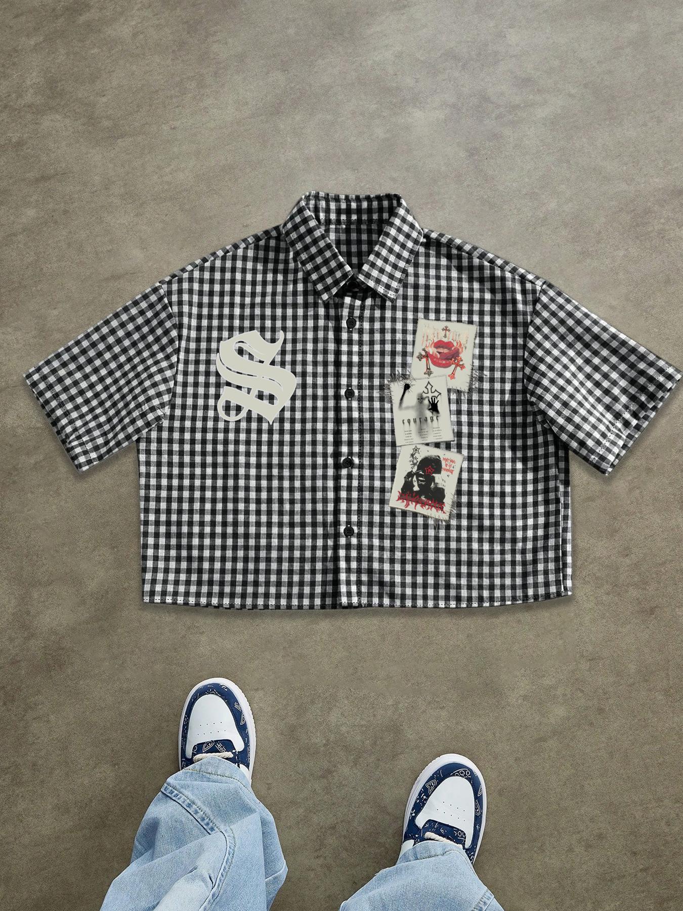 Men's Letter & Graphic Print Regular Fitted Short Sleeve Shirt, Casual Retro Gingham Plaid Shirt for Daily Wear, Fashion Men's Top for Summer