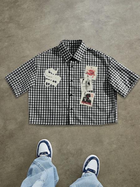 Men's Letter & Graphic Print Regular Short Sleeve Shirt, Casual Retro Gingham Shirt for Daily Wear, Fashion Men's Top for Summer
