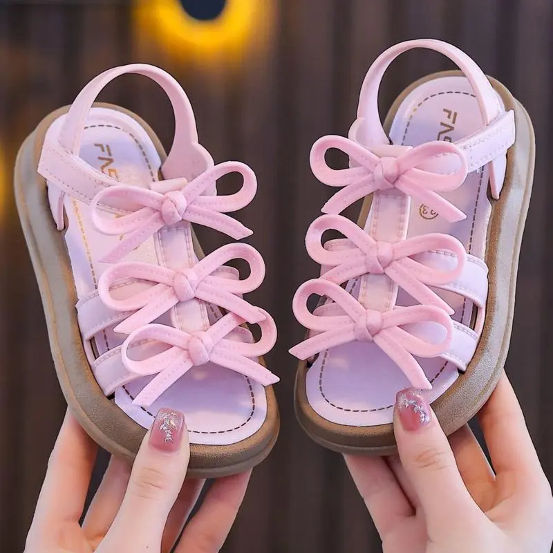 Girls' Spring-Summer New Plain Platform Sandals with 3D Bows - Elegant Fashionable Children’s Shoes for Toddler to Big Kids, Suitable for Home/Outdoor Use