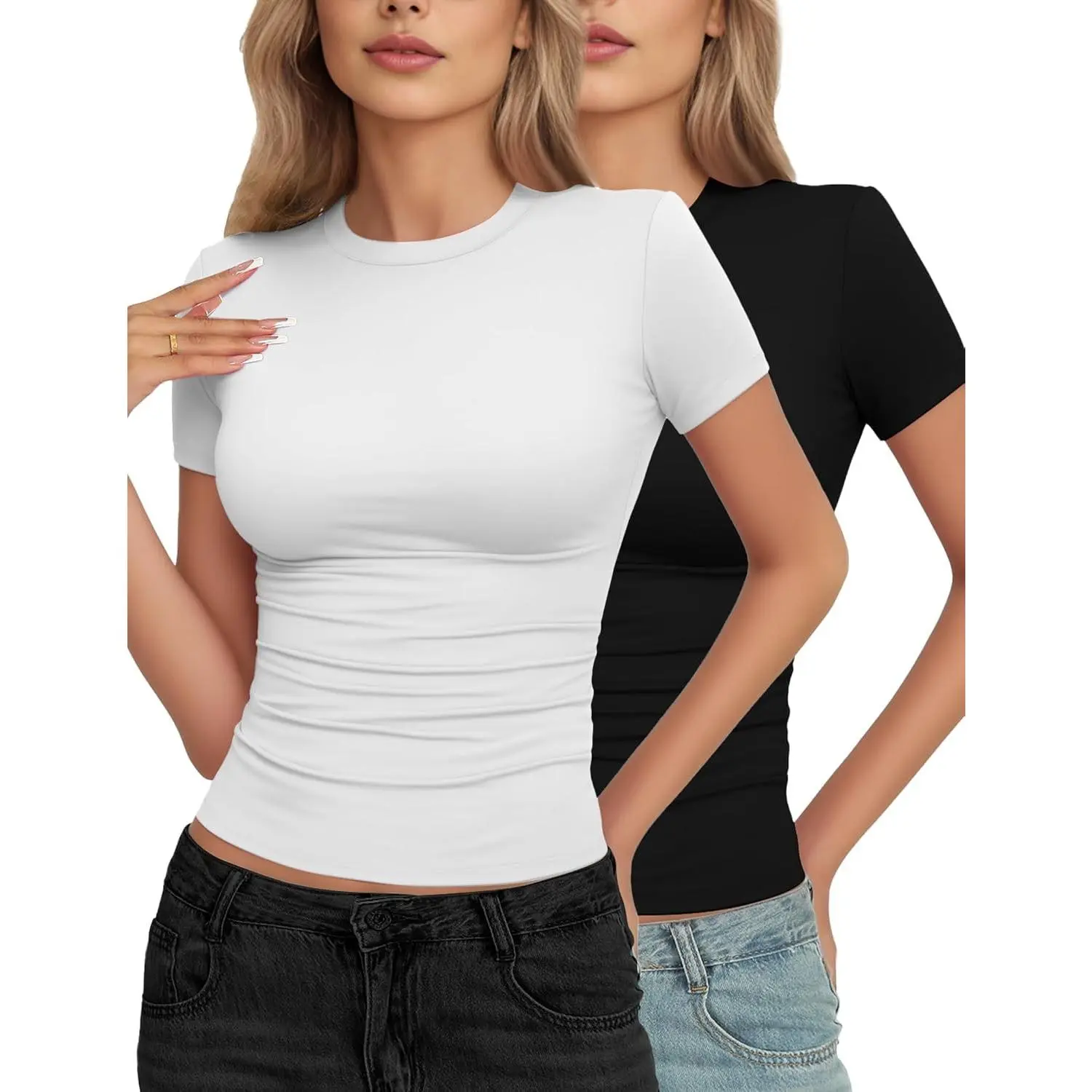 YOGINGO Womens Basic Short Sleeve Crew Neck T Shirt Slim Fit Tees Summer 2026 Y2k Going Out Fitted Top Cute Tight Shirts