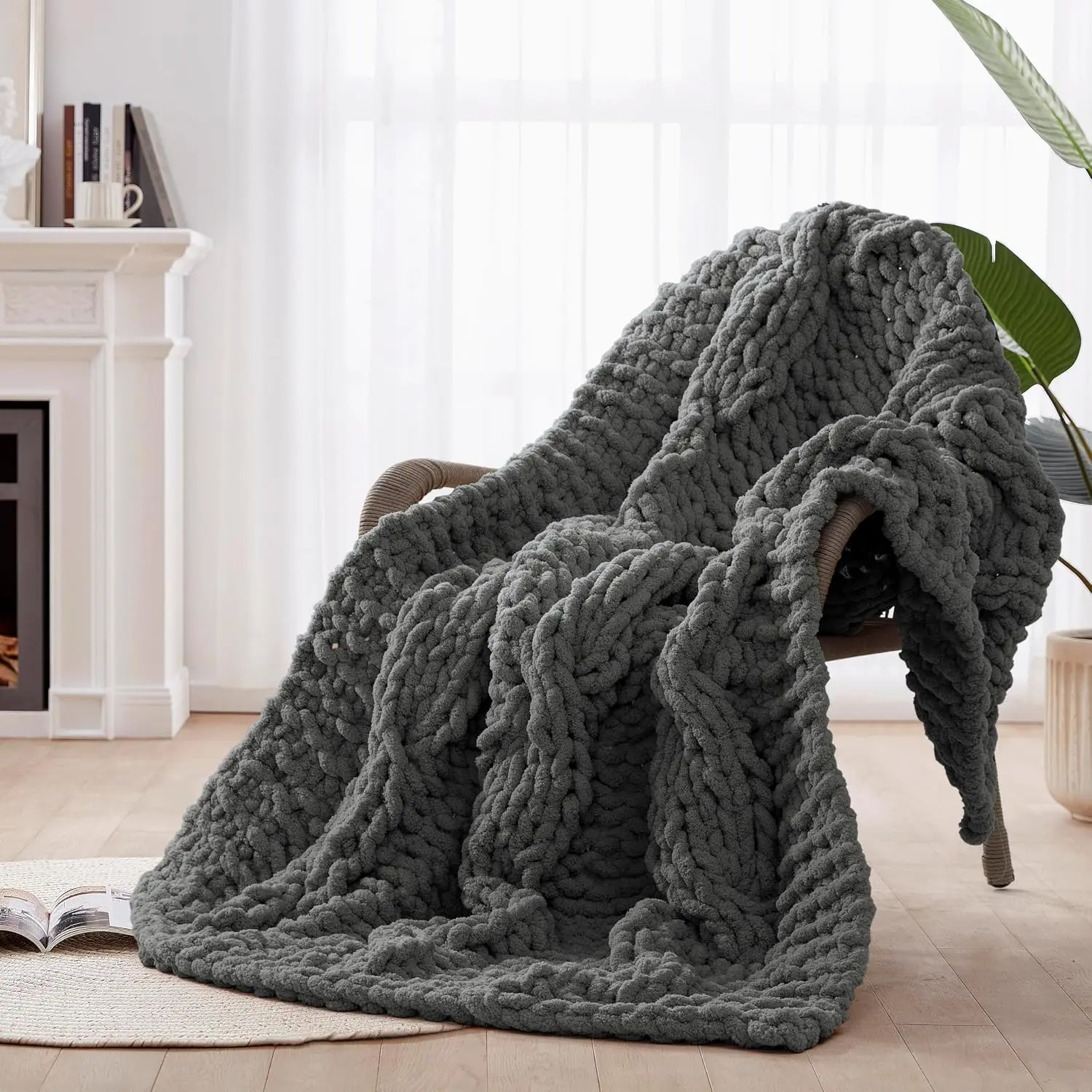 Chunky Knit Blanket Throw -  Hand Knitted Chunky Throw Blanket for Couch, Thick and Warm Blanket for Winter, Dark Grey, 50x60 Inches