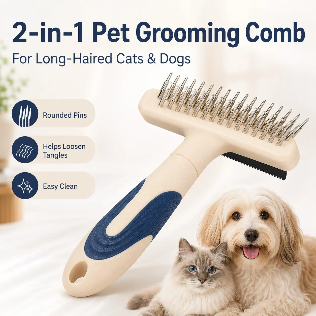 1pc Professional 2-in-1 Pet Grooming Brush for Long-Haired Cats & Dogs, Flexible Rounded Pin Detangling Brush and Loose Fur Deshedding Comb, Anti-Slip Comfort Handle, Dematting Tool, Undercoat Rake and Pet Hair Remover for Home Grooming for Thick Coats