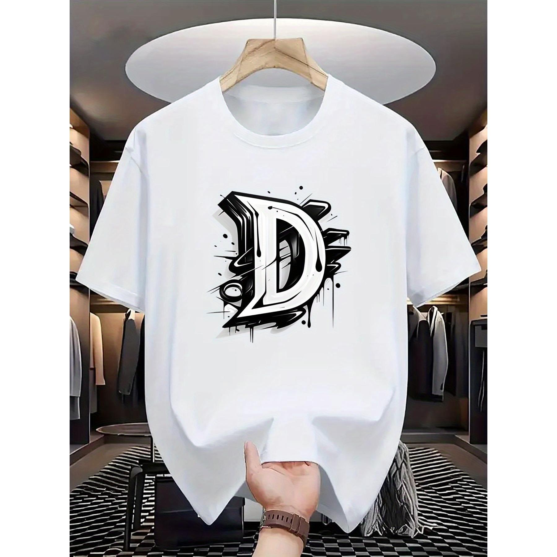 180G Pure Single-Sided Printed Round Neck Short Sleeve T-Shirt, Men's Sports T-Shirt - Breathable, Lightweight, Black with Floral Large Letter "D" Print, Comfortable Style, Suitable for Large Sizes, Men's Casual Summer T-Shirt