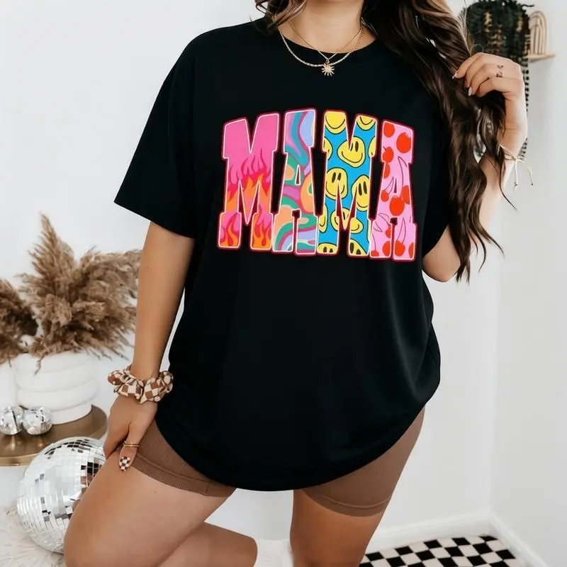 Men's Retro Groovy Mama Graphic Streetwear Tee, Loose-Fit Top, Casual T-Shirt, Round Neck, Basic, Cotton, Baggy, Graphic Print, Chic, Cute, Korean, Preppy