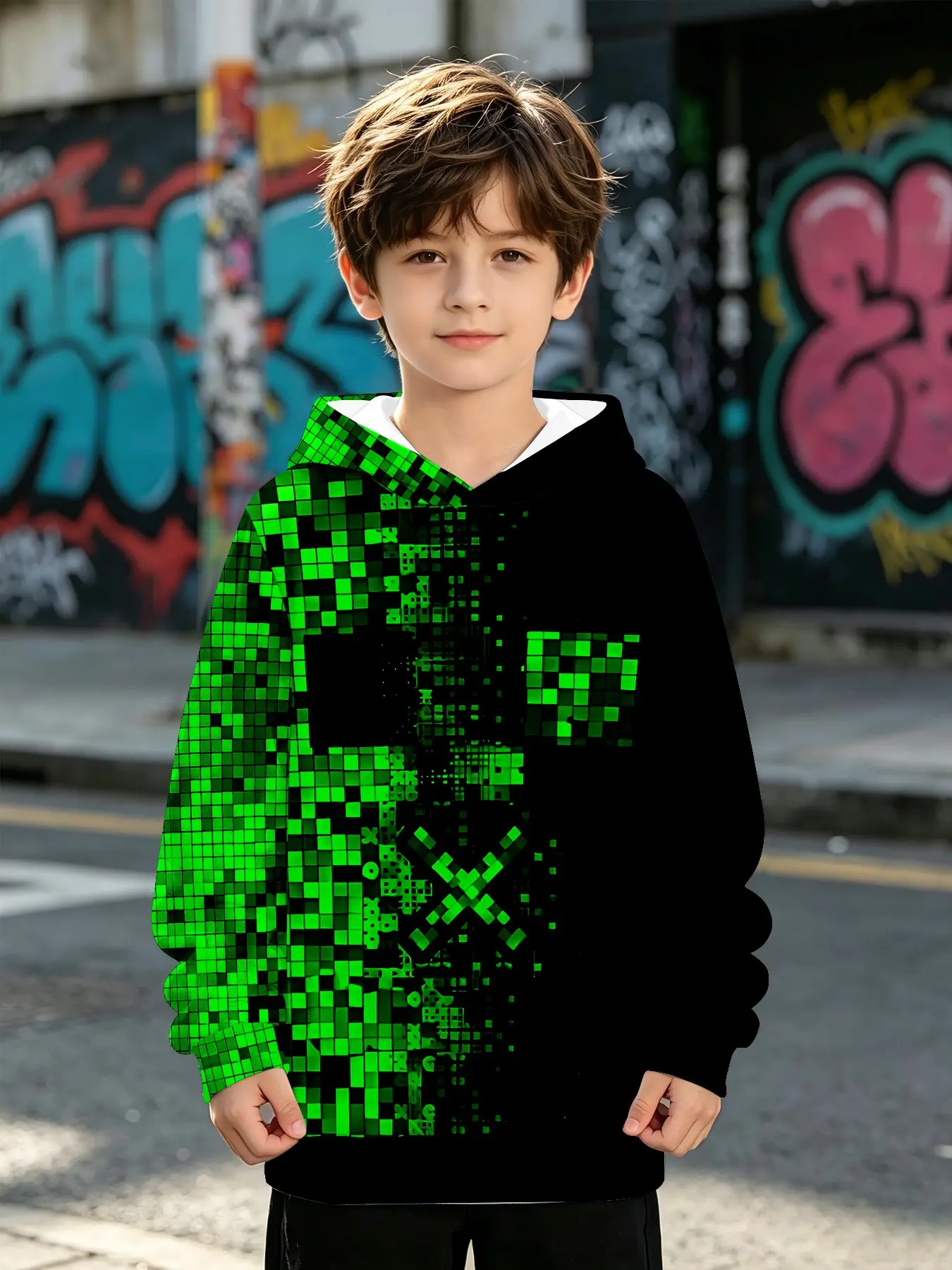 Half Pixel Creeper Boys' Hooded Sweatshirt, Casual Long Sleeve Loose-Fit Outer Vest, Fall & Winter All over Print Clothing