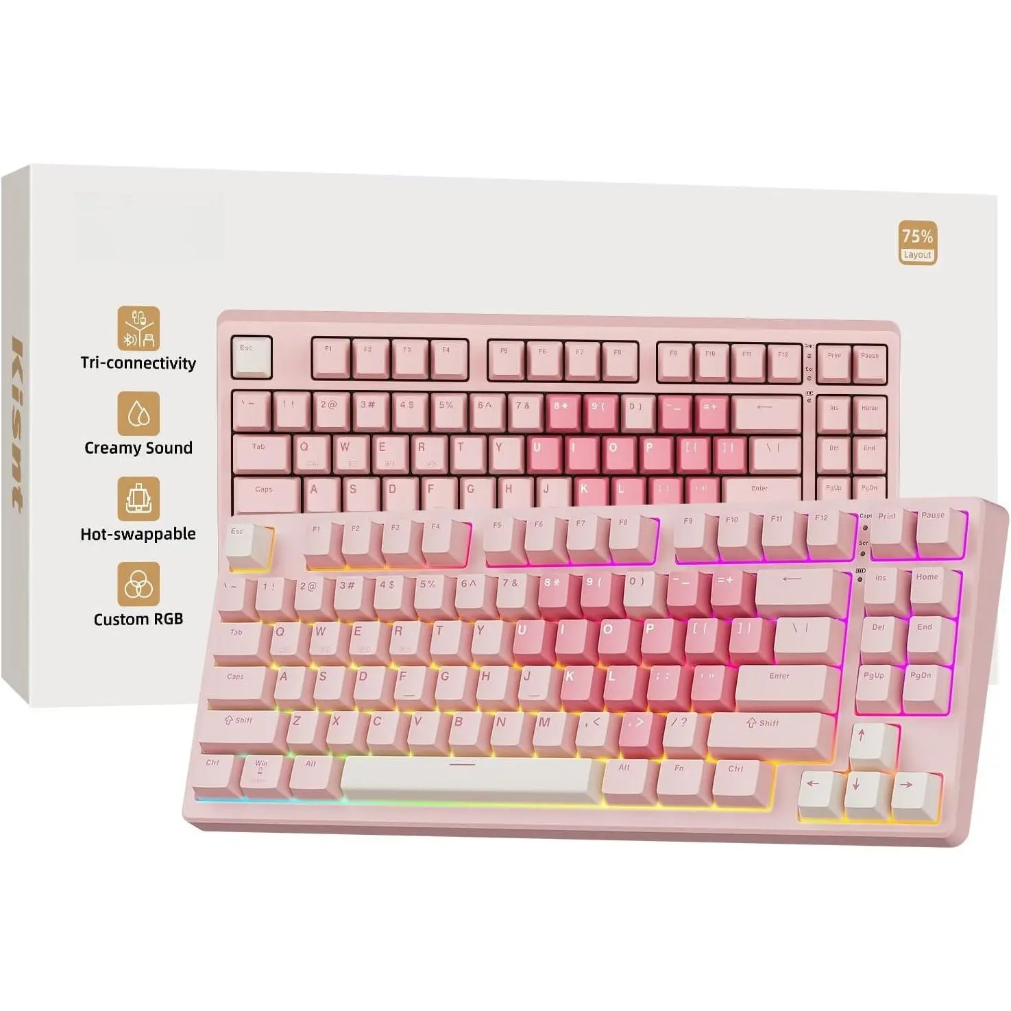 KN85  Mechanical Keyboard, 75% Layout, /2.4GHz/USB-C, Custom RGB Backlit, Hot-Swappable Linear , Creamy Sound for Gaming/Typing (Rose )