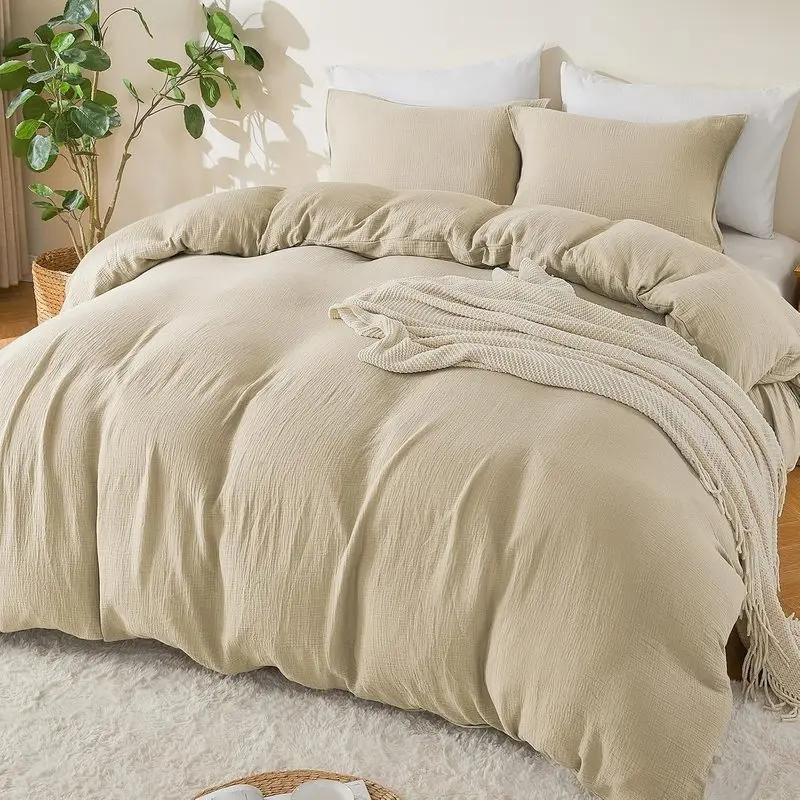 Muslin Cotton Duvet Cover Set Queen Size, Linen Like Soft Breathable Bedding Cover, Lightweight Textured Comforter Cover with Zipper Closure, Minimalist Farmhouse Bedroom Decor