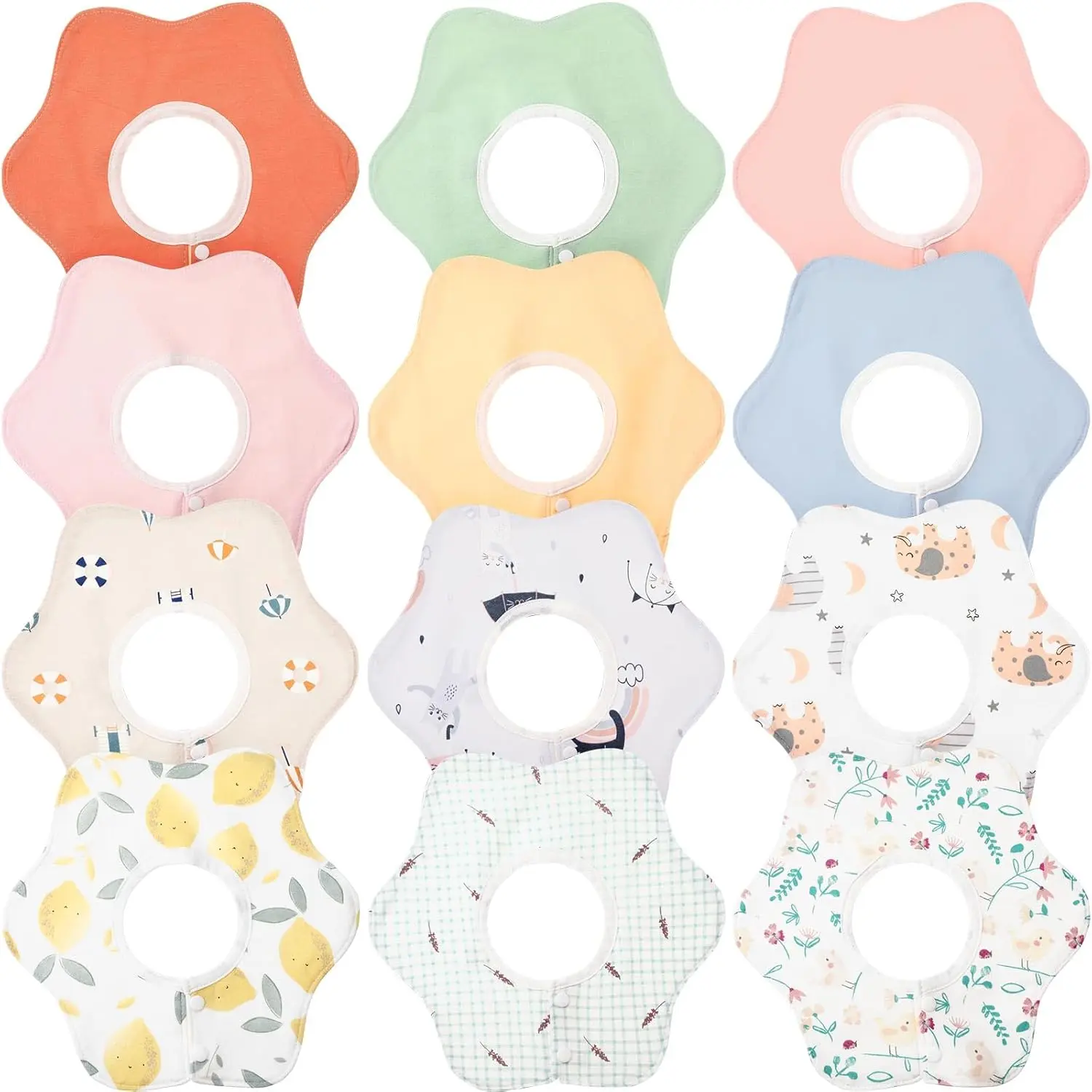12 Pack 360 °   Rotate Cotton Baby Bibs Soft Absorbent Newborn Drooling Bib Teething and Feeding, Unisex Toddler Baby Bibs Waterproof Snap Cotton Infant Drool Burp Cloth Infant 0-12 Months