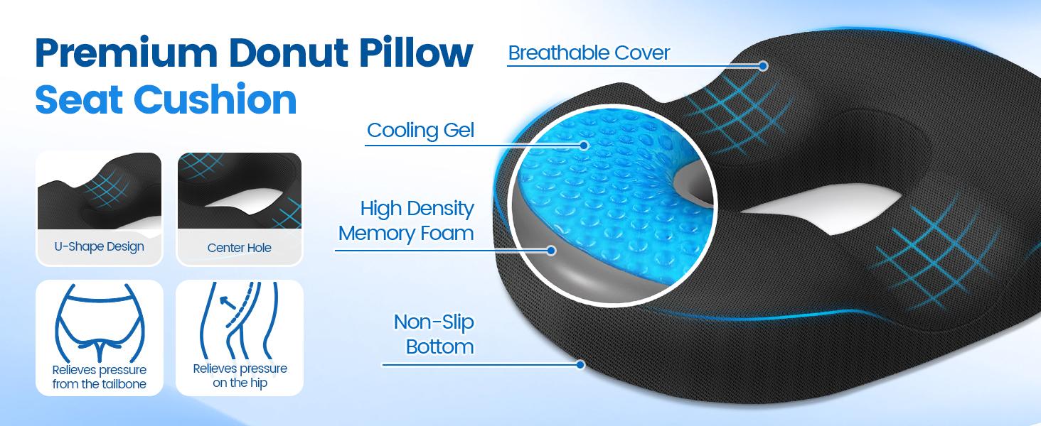 Donut Pillow Seat Cushion - Cooling Gel Chair, Seat Cushion for Office & Home, Car Seat and Furniture, Hemorrhoids Pillow and Tailbone Pain Relief, Black